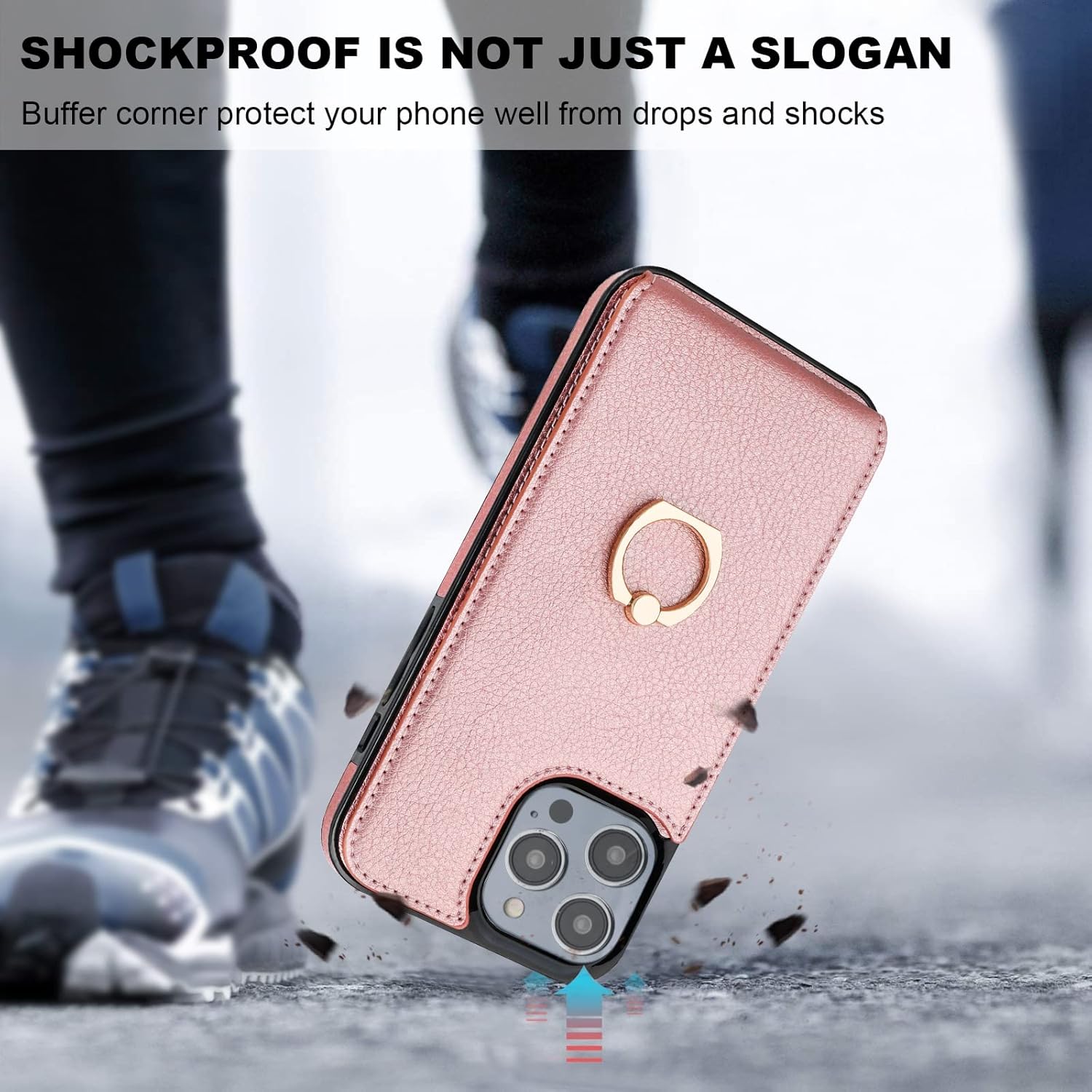 Folosu Compatible with iPhone 14 Pro Max Case Wallet with Card Holder, 360°Rotation Finger Ring Holder Kickstand, RFID Blocking Leather Protective Double Buttons Shockproof Cover 6.7 Inch Rose Gold - Image 7