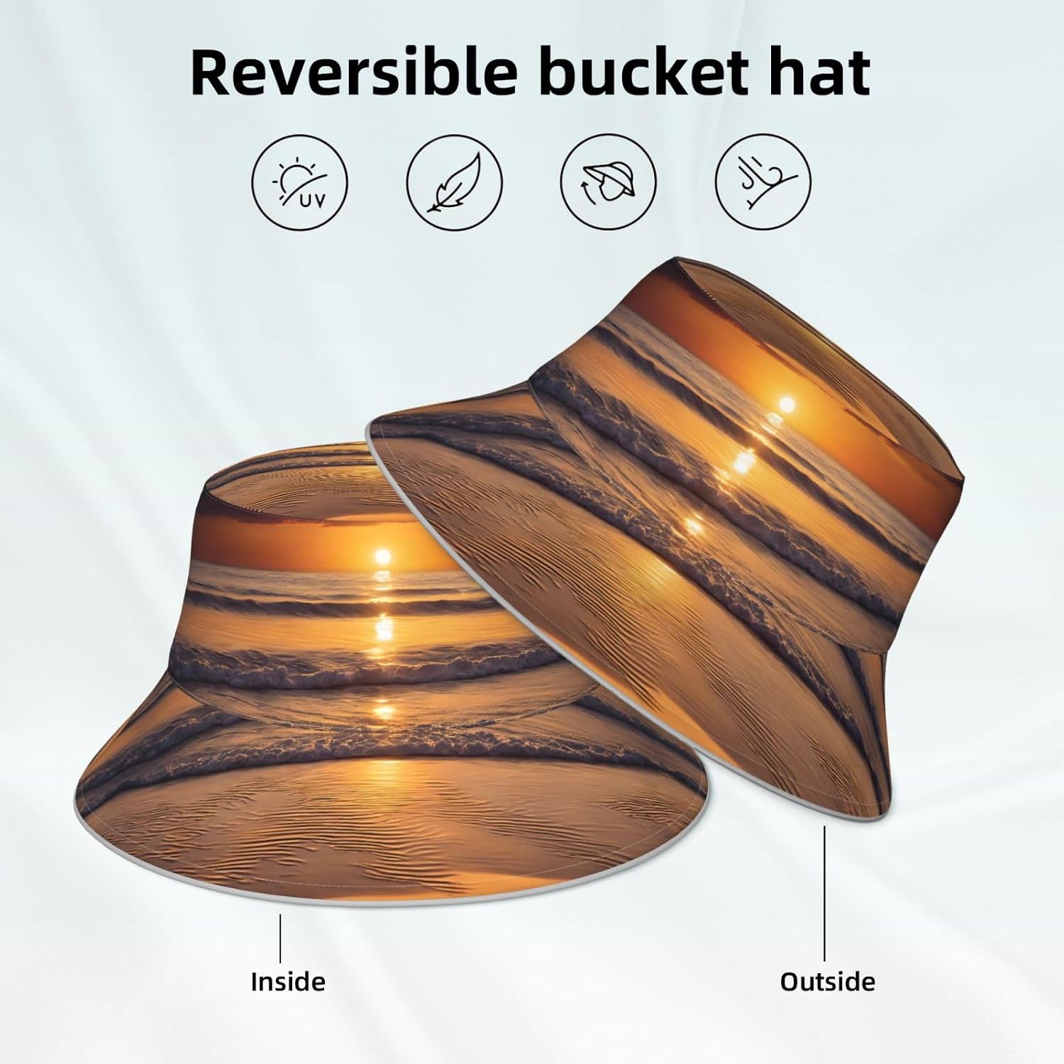 (Sunset Beach) Reflective Reversible Bucket Hat Foldable Breathable Stylish Two-Way Wear for Outdoor Travel Daily Activities Black