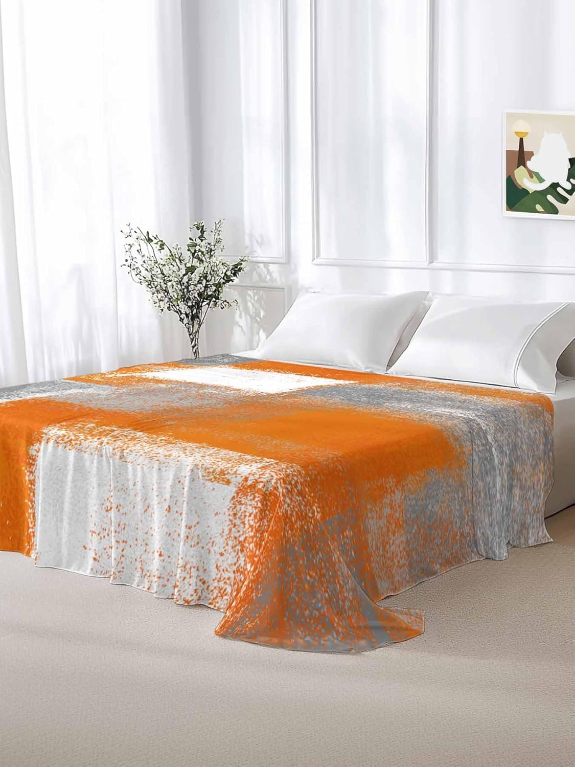 Top Sheet Full Bedding Flat Sheet Only, Orange Gradient Oil Painting Style Microfiber Bed Sheets Soft Breathable Bedding Flat Sheets, Gray Color Block Hotel Luxury Top Sheets