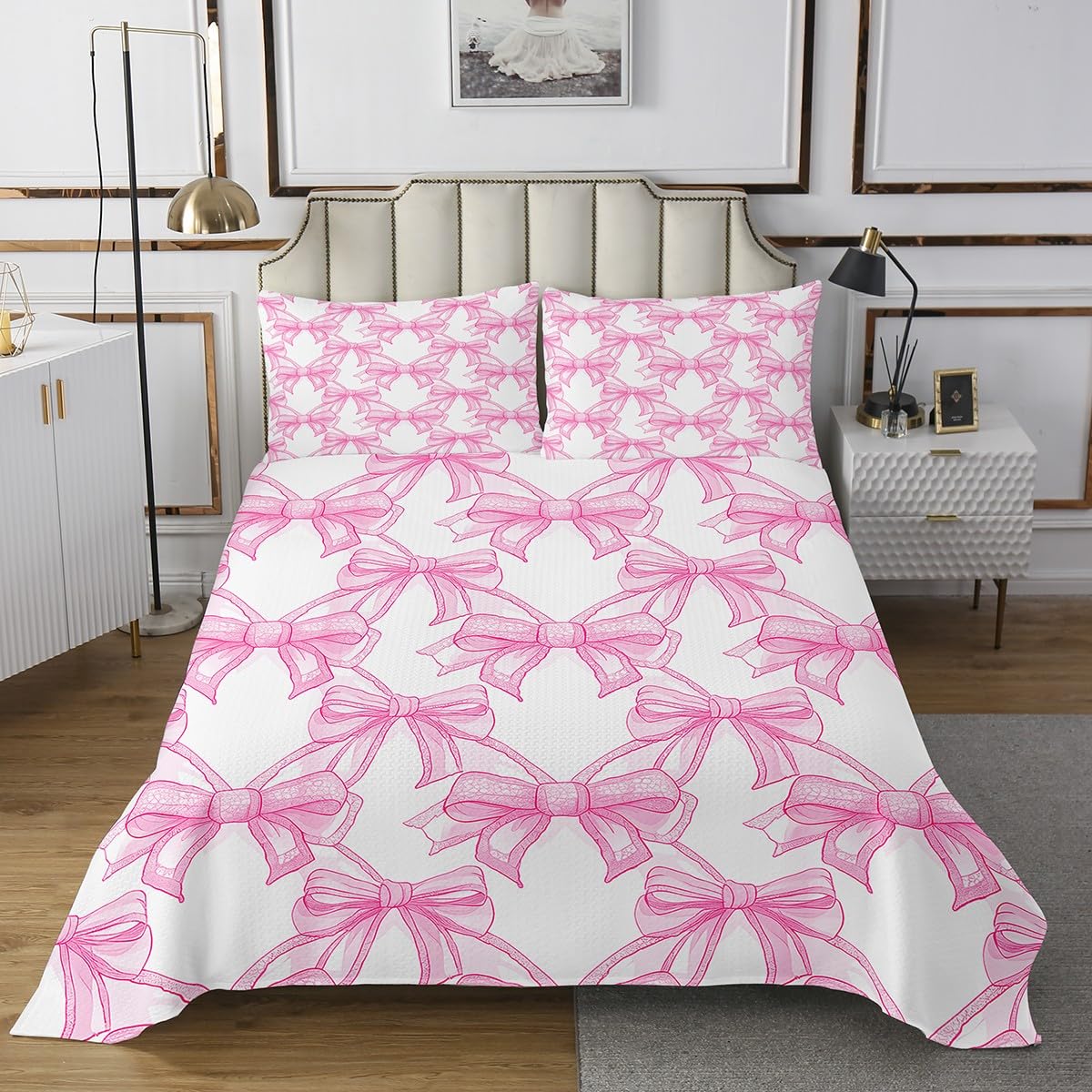 Feelyou Kids Bow Coverlet Set Queen Size, Princess Bedspread Bowknot Quilted Coverlet for Kids Boys Girls Kawaii Quilted Room Decor with 2 Pillow Case