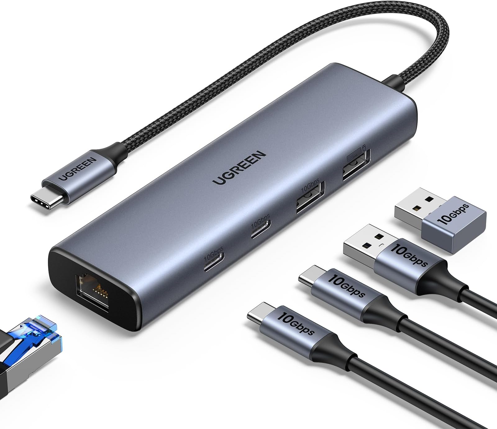 UGREEN USB C Hub Ethernet, 10Gbps USB 3.2 Ethernet Adapter with 2 x USB-C Port, 2 x USB-A Port and 1x RJ45 Gigabit LAN Network Adaptor for Thunderbolt 3/Laptop/iPhone/iPad/Tablet/Switch/Steam Deck
