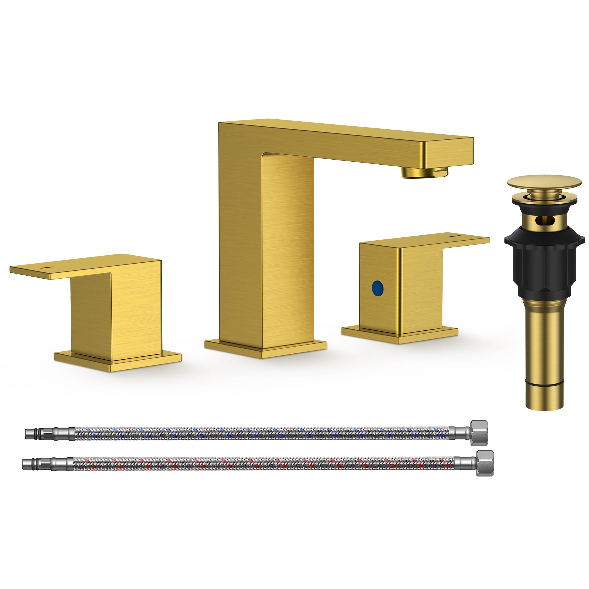 FORIOUS Brushed Gold Bathroom Faucet 3 Hole 8 Inch Widespread Square Bathroom Sink Faucet with Metal Pop-Up Drain