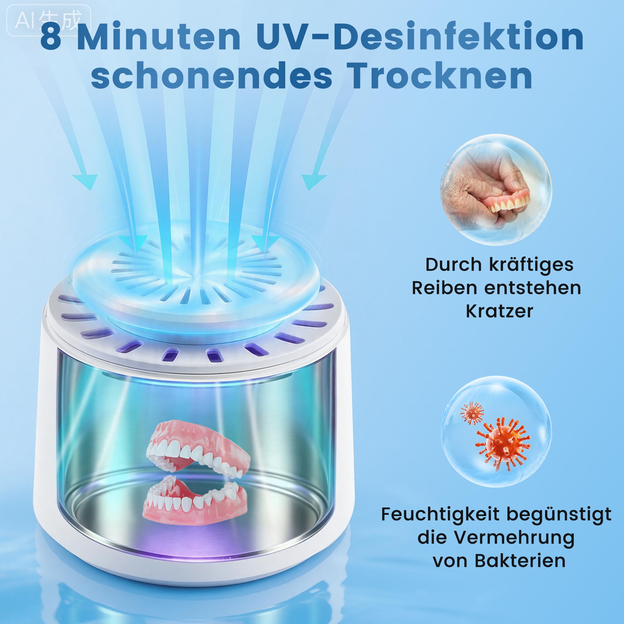 Dispositivo de limpieza por ultrasonidos para dientes (43 kHz, UV, con ventilador, 180 ml) | Secado rápido, limpieza suave, para dentaduras postizas, para joyas, vaina dental