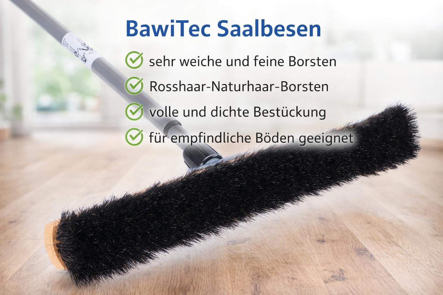 Weicher Rosshaar Saalbesen 50cm Breit mit Teleskopstiel Stiel Besen | Naturhaar, Metallstiel verstellbar max. 200cm, Sehr weiche Borsten, Sehr gute Staubbindung, Für glatte Böden