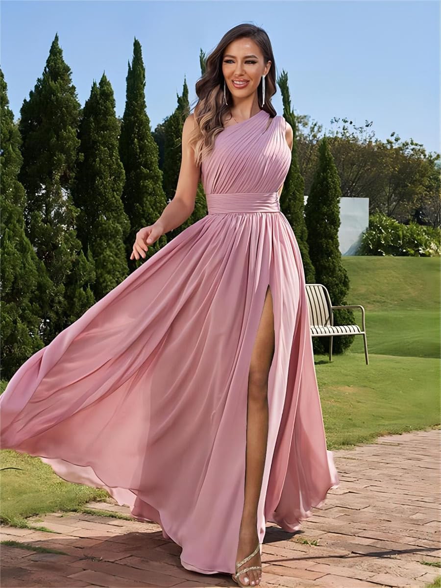 SAYNO Vestidos de dama de honor de un hombro para boda, vestido de fiesta de gasa plisado con bolsillos, vestido formal recortado