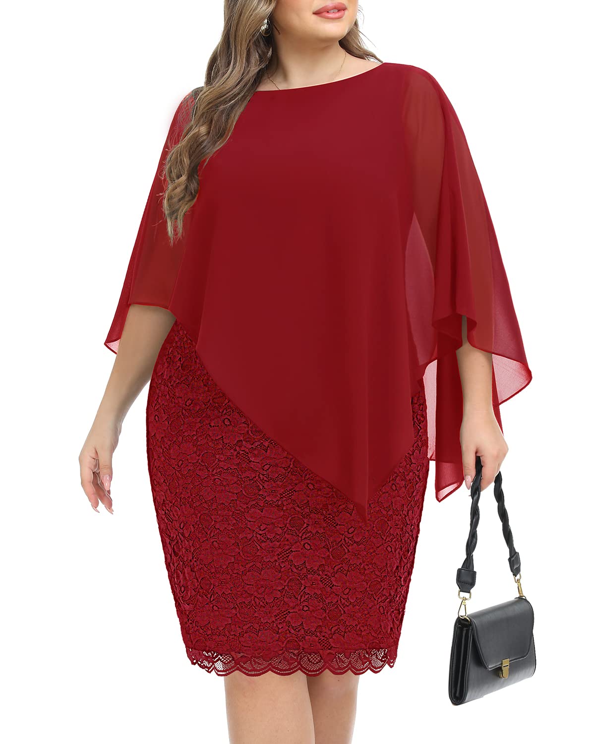 Plus Size Dresses Wedding Guest - Mother Bride Semi Formal Lace Cape with Chiffon Overlay Dresses
