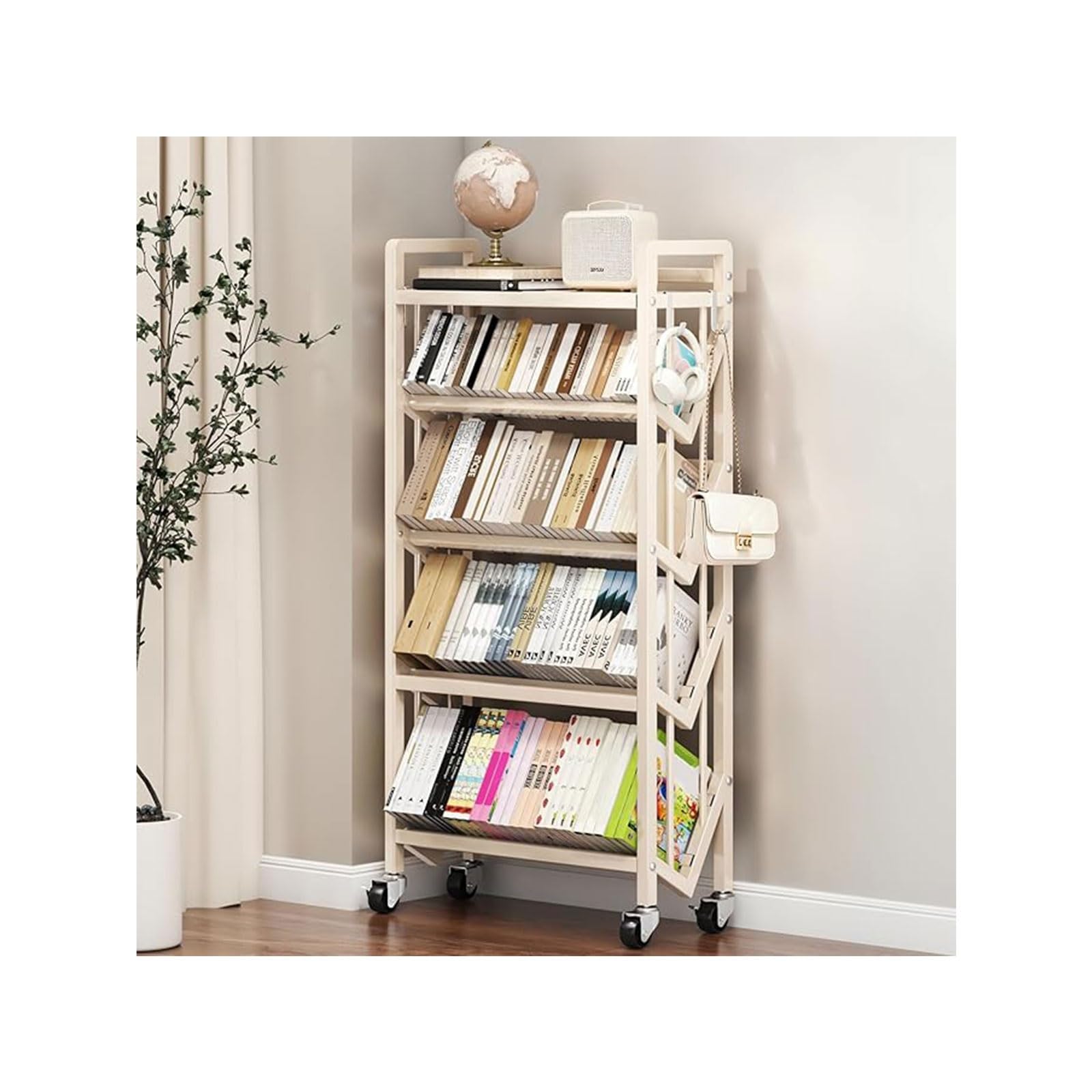 Book Carts with Wheels, Library Rolling Book Cart 2/3/4/5 Tier Movable Bookshelf Mobile Large Capacity L-Shaped Carbon Steel Organizer Rack for Office, Home, Classroom(White,5 Tiers-27.6x9.8x57.7in)