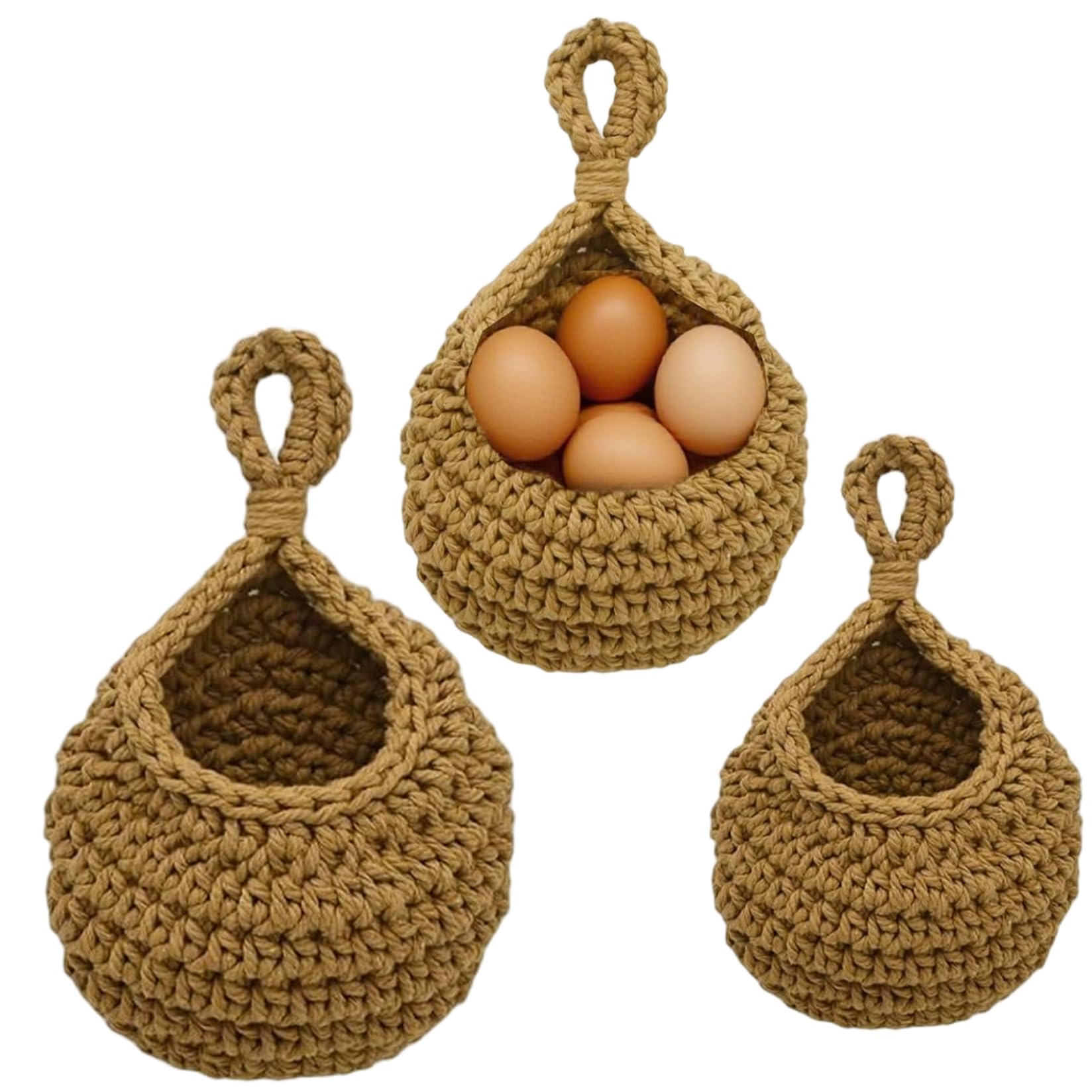 3PCS Wall Basket 3 Sizes Hanging Storage Baskets Rustic Woven Hanging Fruit Baskets with Hooks for Kitchen Fruit Vegetable for Kitchen Storage