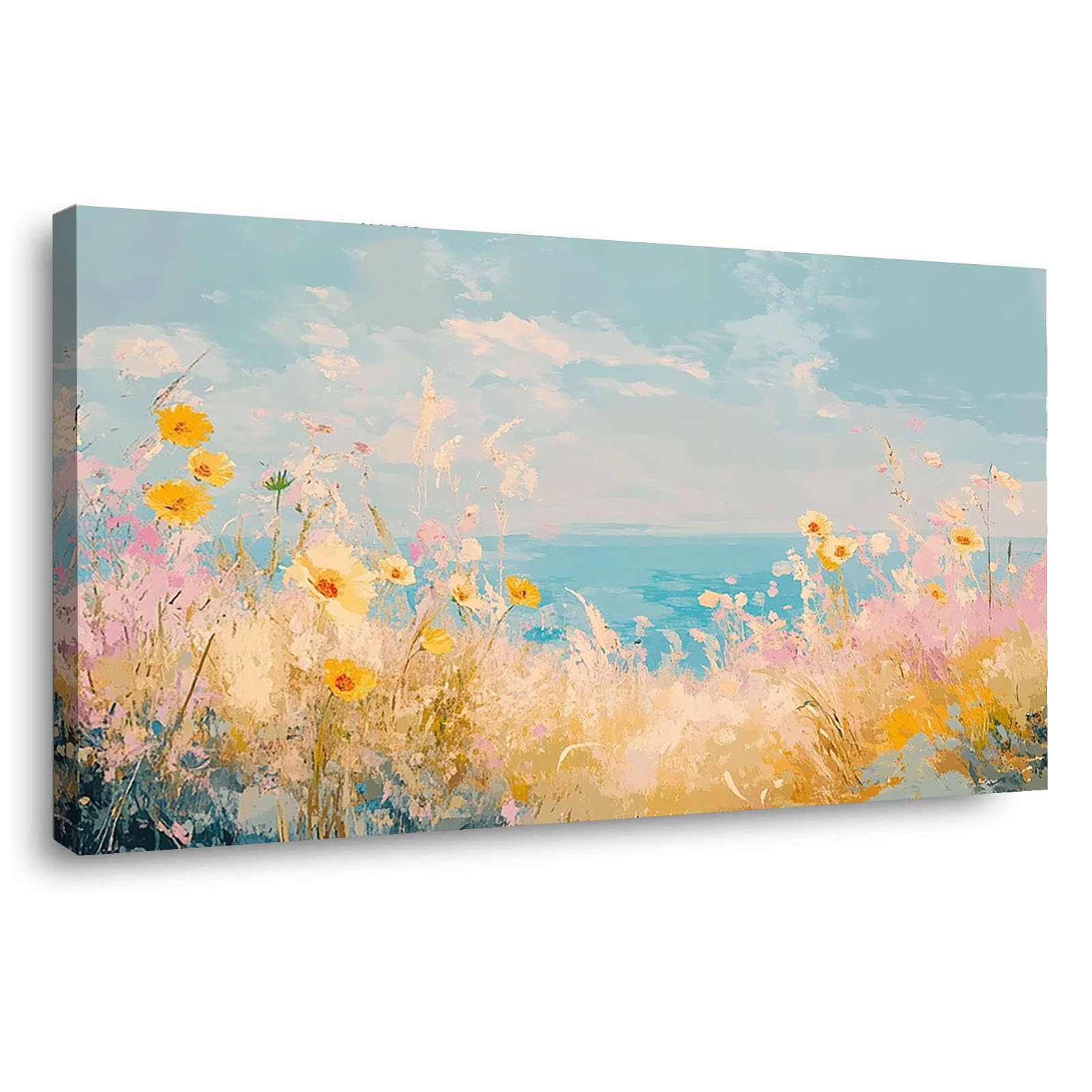WIKEO Beach Pictures on Canvas Wall Art Beach Flower Scenery Modern Prints Seaview Landscape Artwork - for Living Room Bedroom Home Office Wall Decoration(Yellow 1)-40x80cm Framed