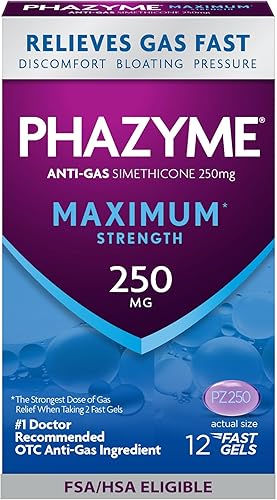 Phazyme - Alivio máximo para los gases y la hinchazón, 250 mg de simeticona, 12 cápsulas blandas