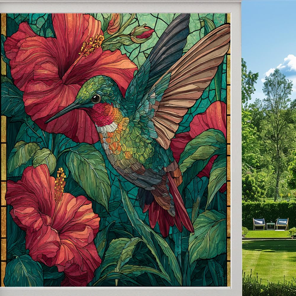 Bohemian Hummingbird Stained Glass Window Film, Colorful Spring Flowers Peel and Stick Privacy Film, Frosted Adhesive Vinyl Decorative for Bathroom Windows Glass Doors,（90x160cm）