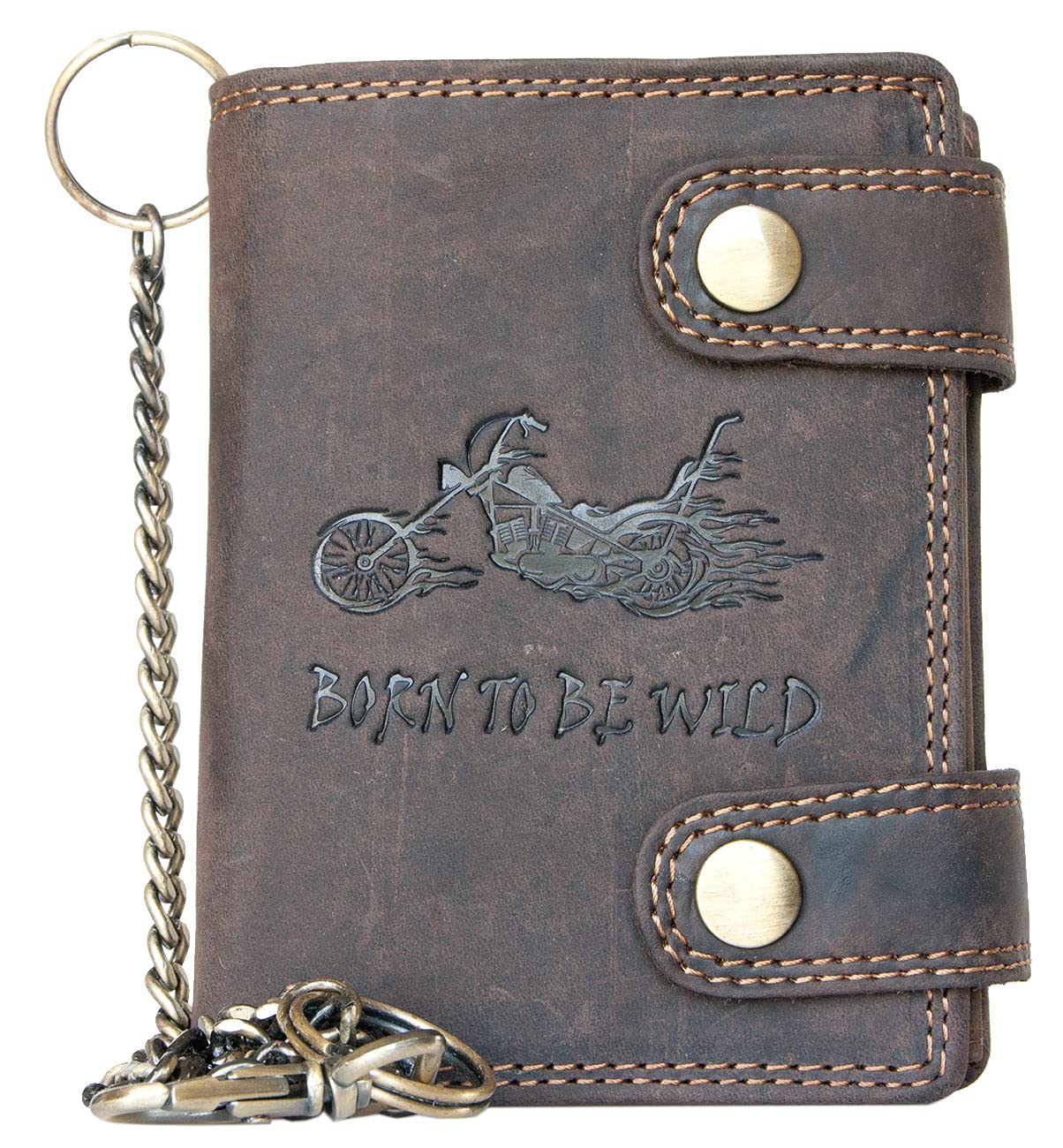 Compacte Heren Portemonnee MDM Biker Portemonnee Van Echt Leer - Met Ketting En Doodskop Reliëf - Bruin Echt Leren Portemonnee Met Ketting