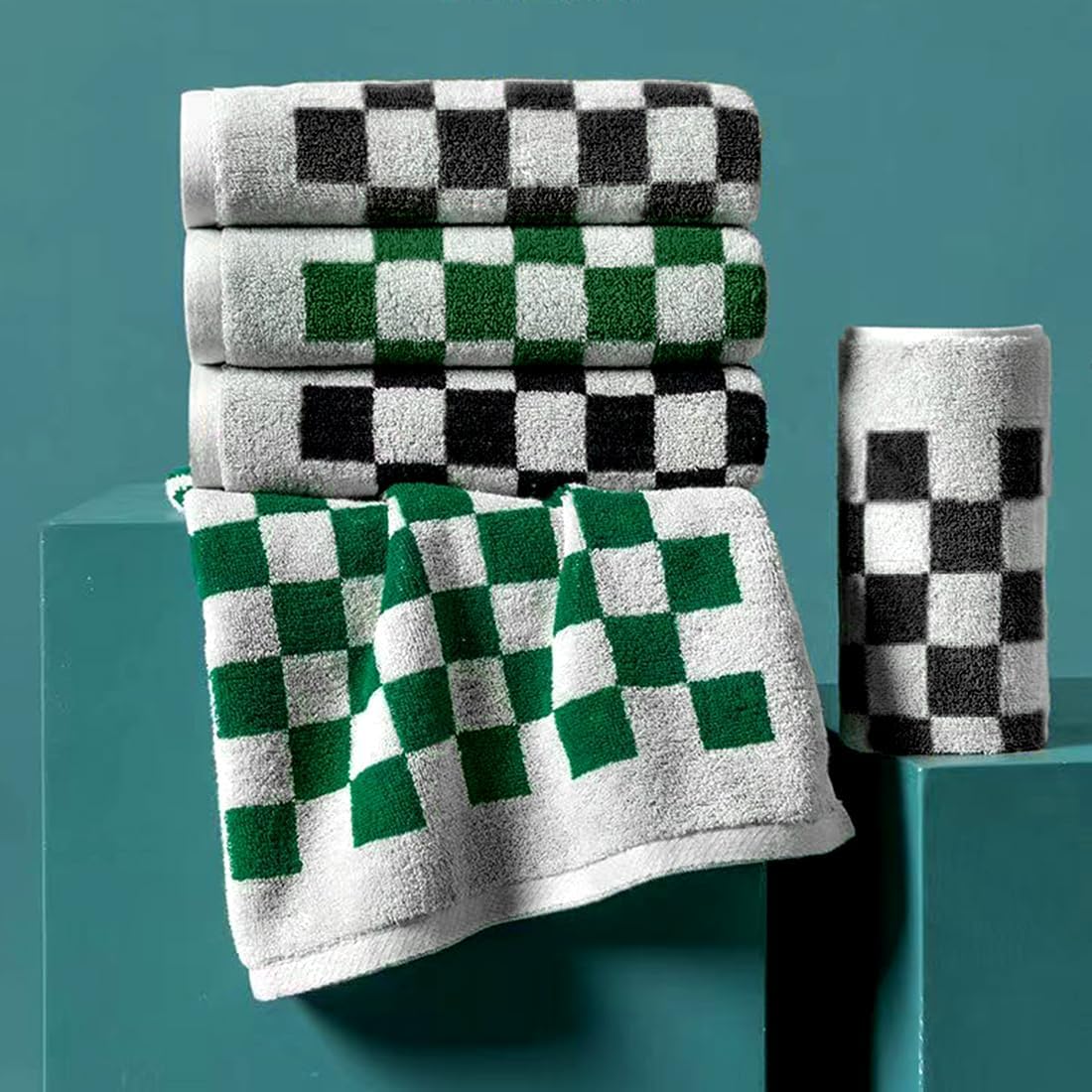 バスルーム用ハンドタオル ブラック 4枚セット キッチンウォッシュクロス ボーホー バスルーム用装飾タオル トルコ綿市松ハンドタオル
