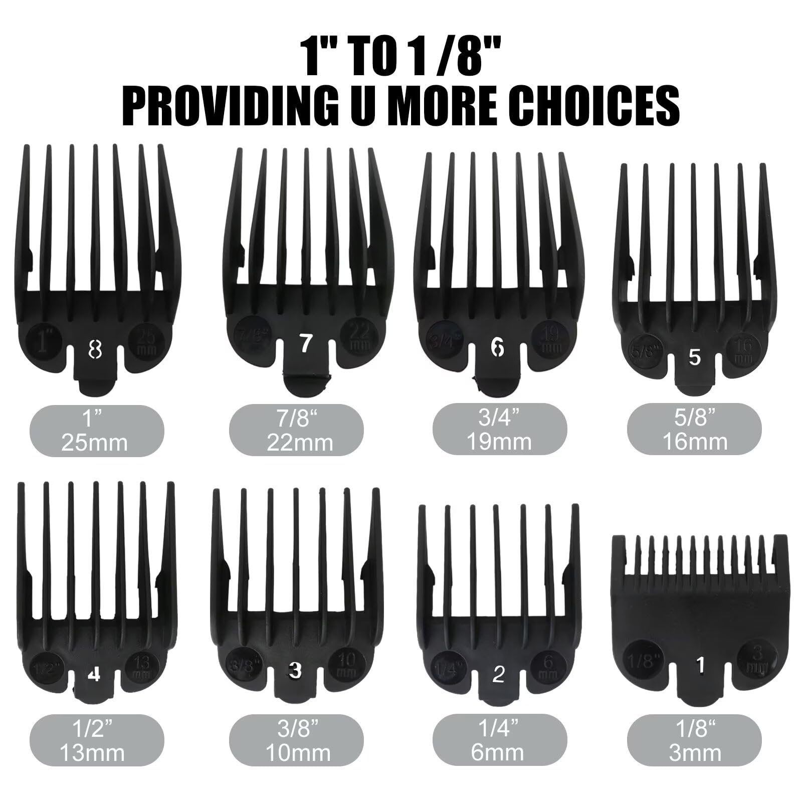 Suifaqi 8 Professional Hair Clipper Guards Cutting Guides for Most W*ahl Clippers, Black Clipper Combs Replacement - 1/8