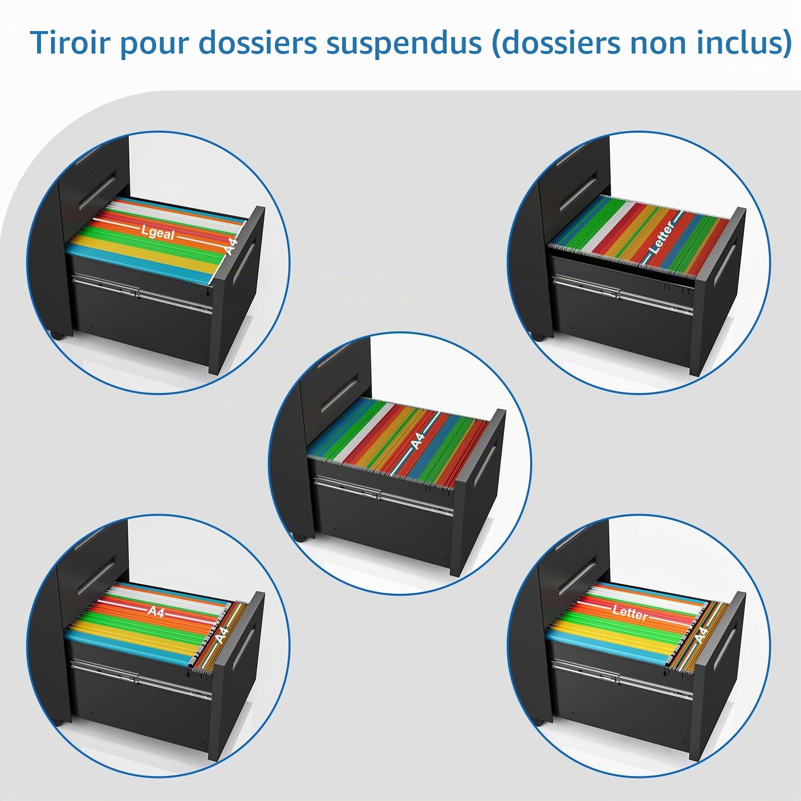 Dripex Caisson Bureau 3 Tiroirs, Caisson de Bureau Métal avec roulettes et Serrure pour Rangement de Documents et Dossier Suspendu pour Travail, Bureau à Domicile, 45 x 39 x 60 cm - Noir