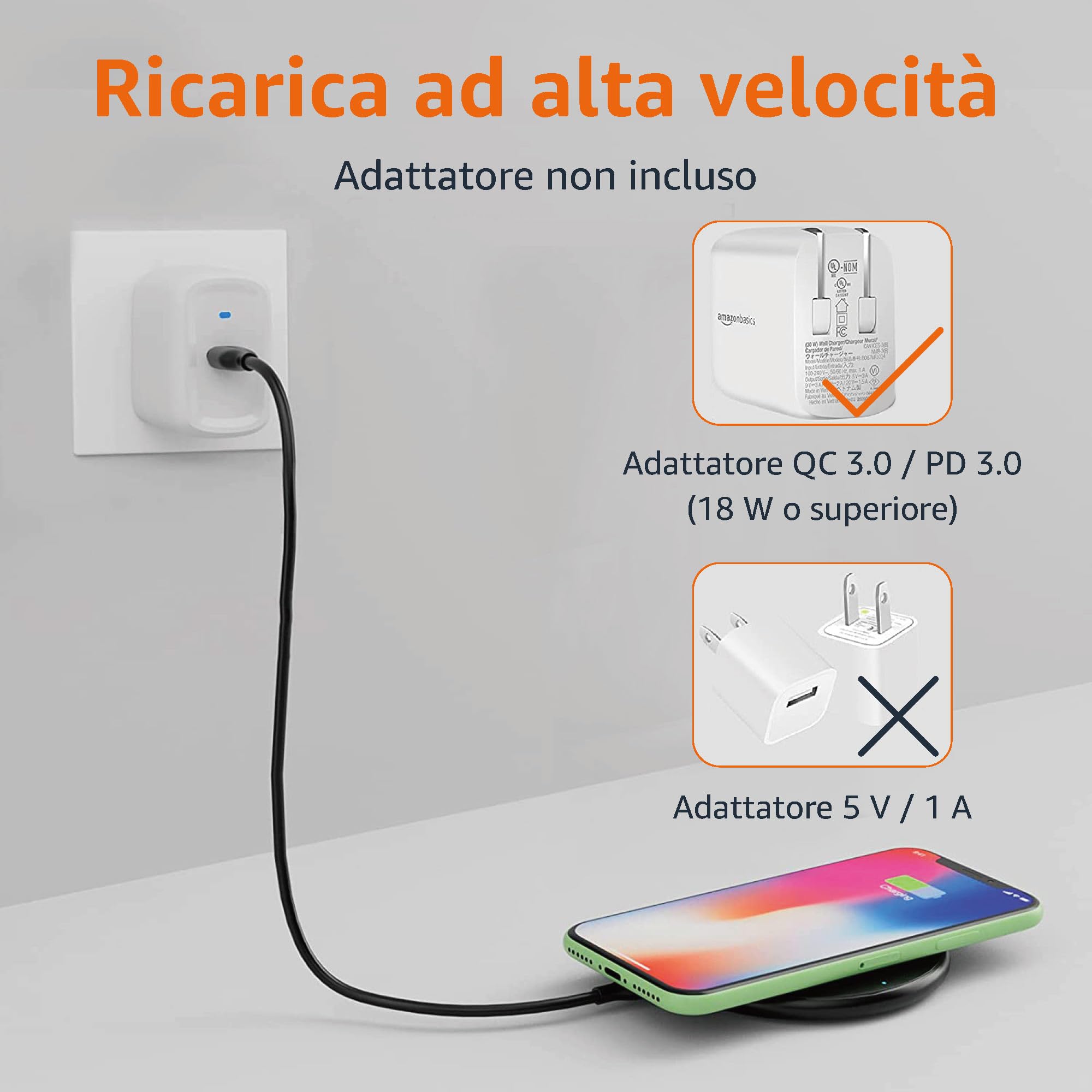 Amazon Basics Tappetino di ricarica wireless certificato Qi da 15 W (iPhone 16/ 15/14/13/12/11/X, Samsung) - Con cavo USB (adattatore CA non incluso) - nero