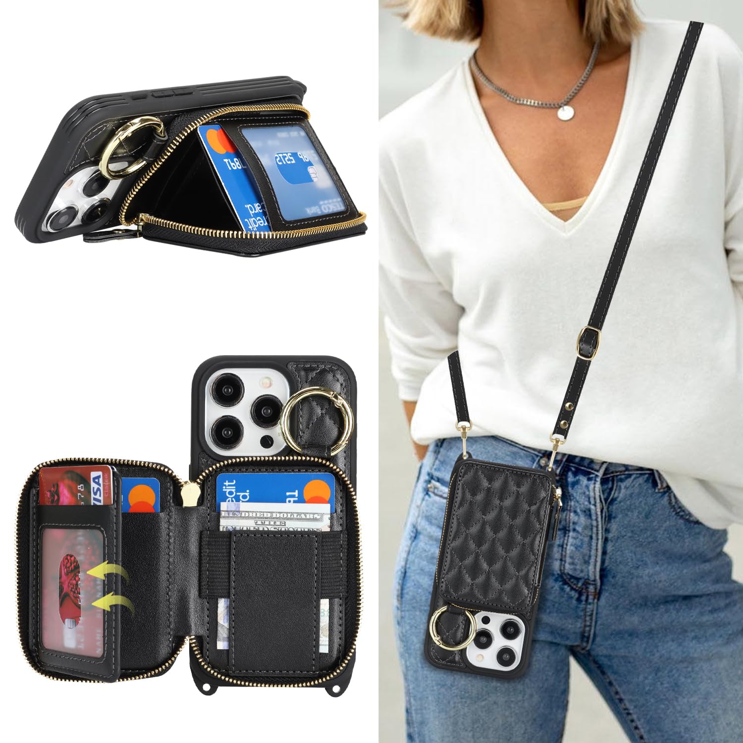 Crossbody Wallet Case for iPhone 13 Pro-Black