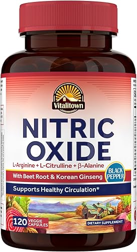 Vitalitown Suplemento de óxido nítrico de 2070 mg, L arginina, beta alanina, L citrulina y raíz de remolacha, raíz de ginseng, refuerzo de óxido
