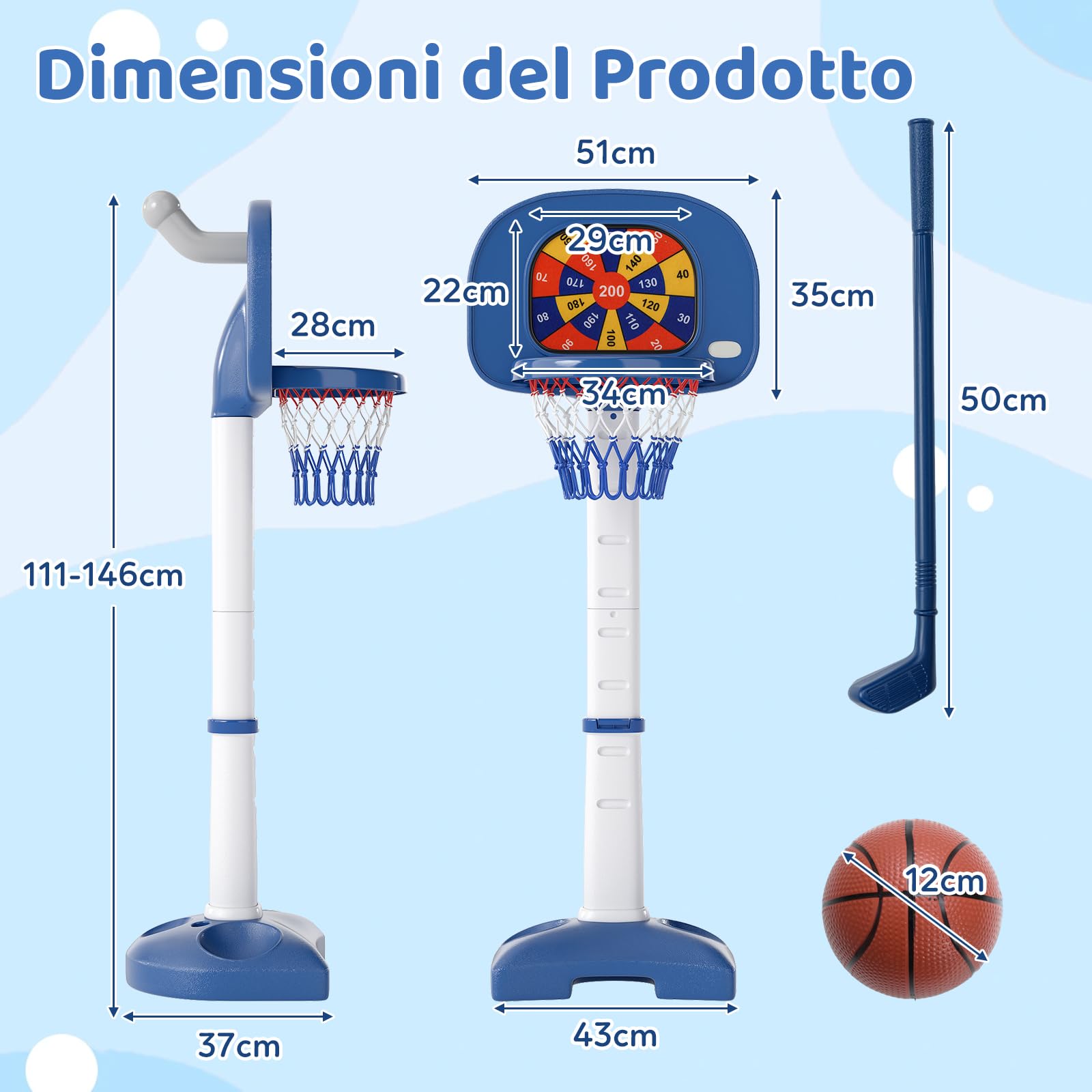 RELAX4LIFE Canestro da Basket 4 in 1 con Pallone da Basket, 2 Palline Adesive, 2 Palline da Golf, Bastone da Golf e 2 Anelli, Base riempibile, Set di Canestro Interno per Bambini 3 Anni＋