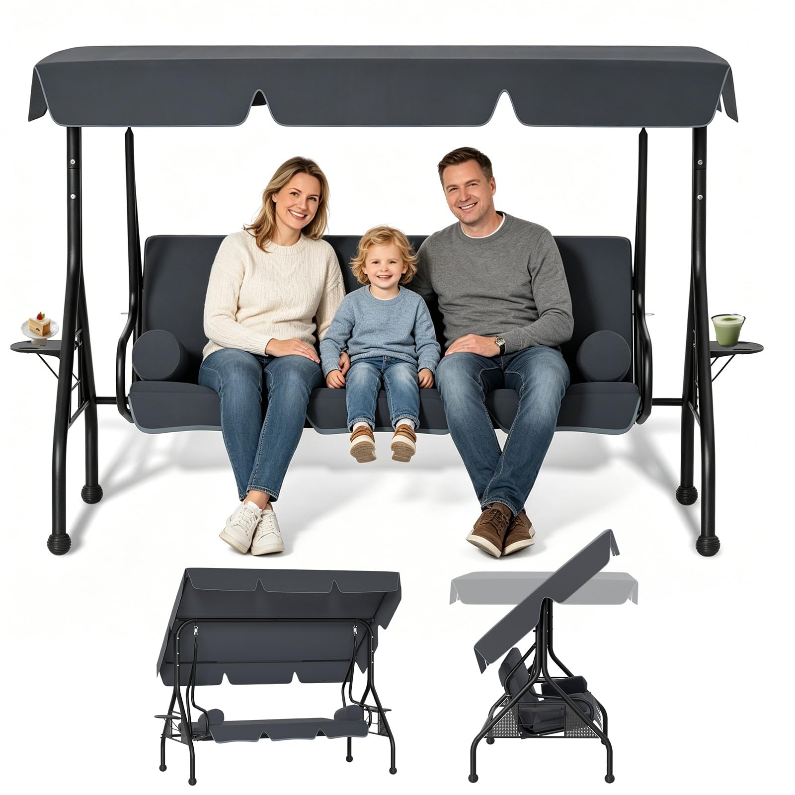 LZQ Hollywoodschaukel 3-Sitzer mit Liegefunktion Garten Schaukelbank mit verstellbarem Sonnendach, Gartenliege Gartenschaukel mit Anti-Rutsch-Füßen, Verandaschaukel Outdoor Schaukel