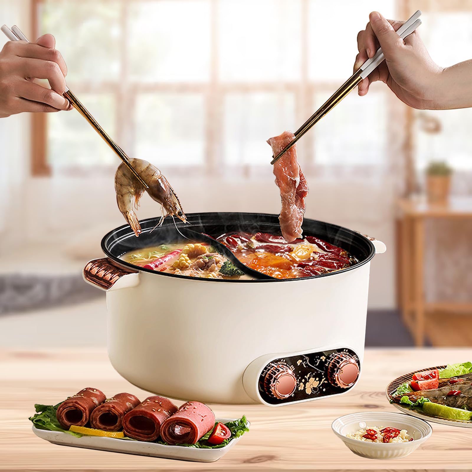 Casserole électrique à 2 côtés avec deux régulateurs 5 L marmite électrique 1350 W trois réglages de puissance poêle à frire antiadhésive multifonction rapide poêle à soupe pour rôtir ramen