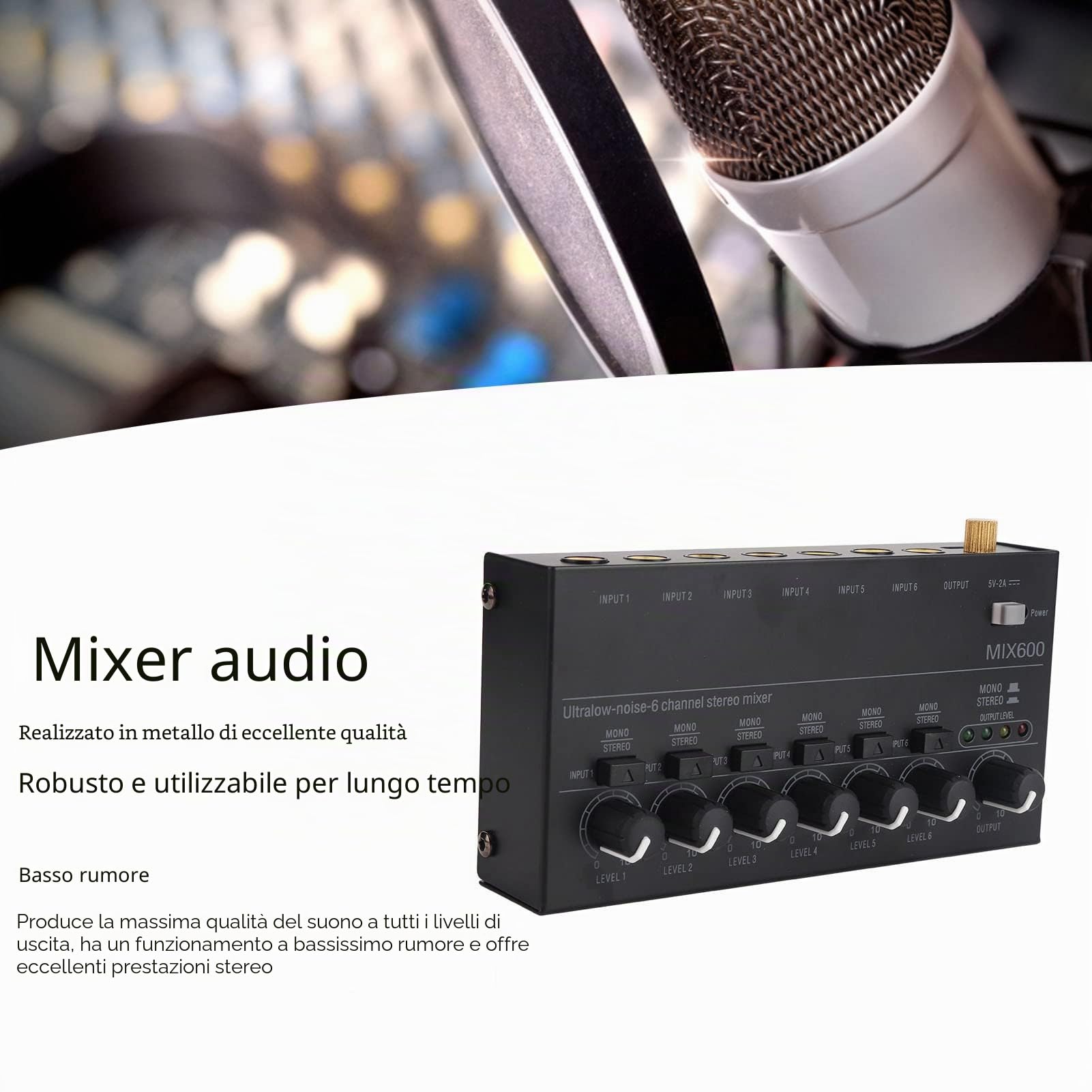 Mini Mixer Audio, Mixer di Linea Stereo Portatile, 6-Stereo Ultra, 6 Canali a Basso Rumore per Missaggio Secondario, Ideale per Piccoli Club o Bar, Come Mixer per Chitarre, Bassi