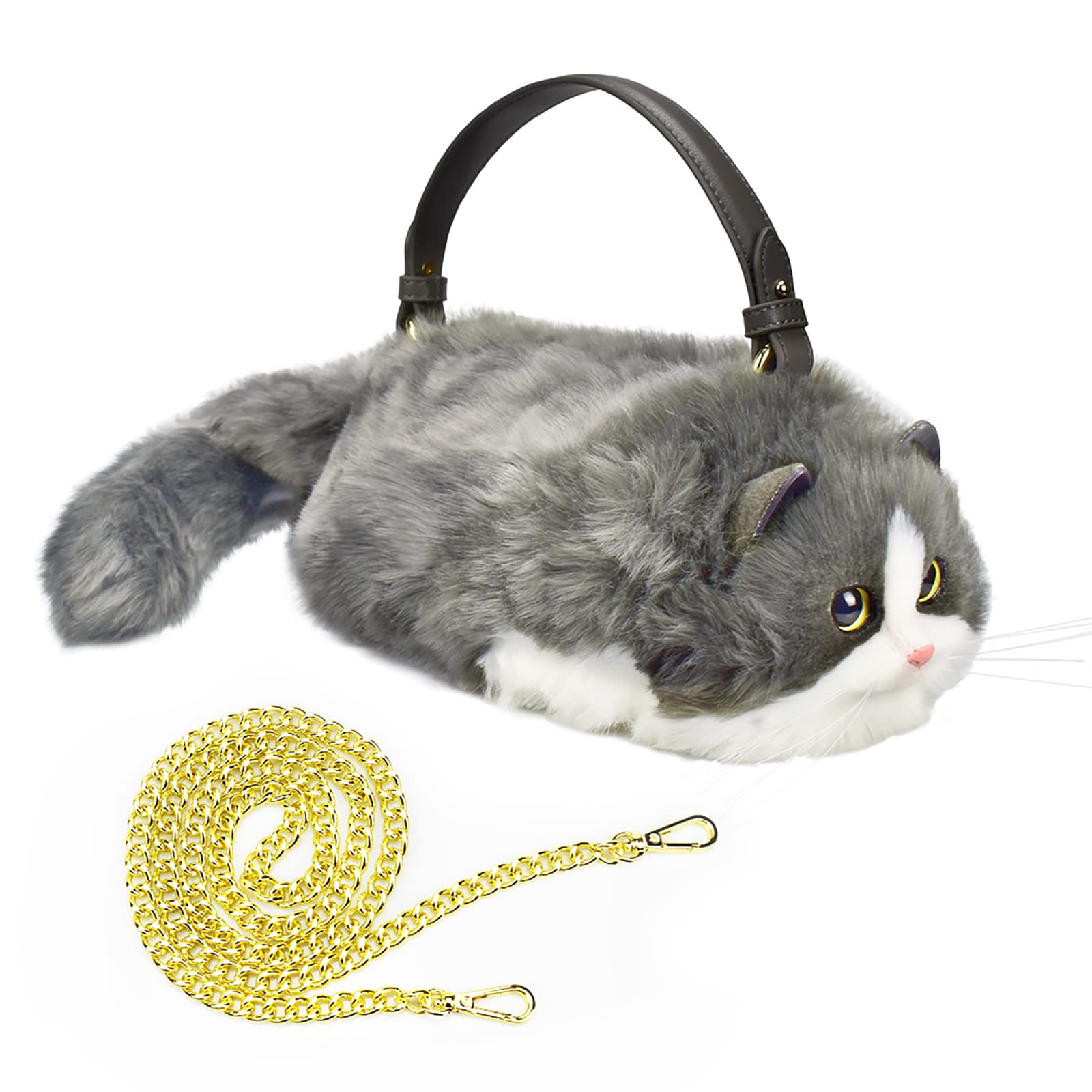 Realistic Puffy Plush Cat Shaped Crossbody Handbag for Women