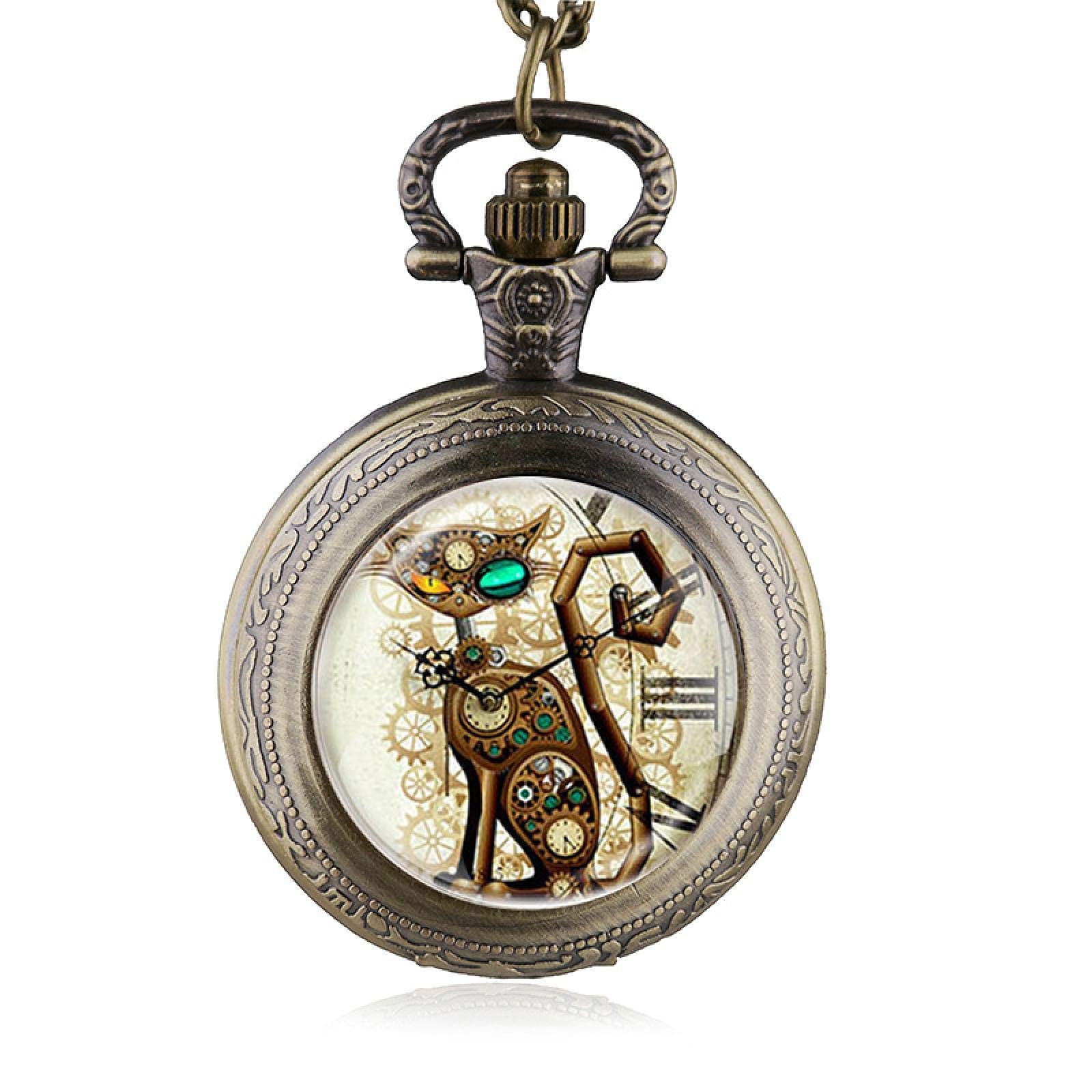 Montre de Poche et chaîne, Vintage Steampunk Chat médaillon Collier Montre de Poche Pendentif Cadeau