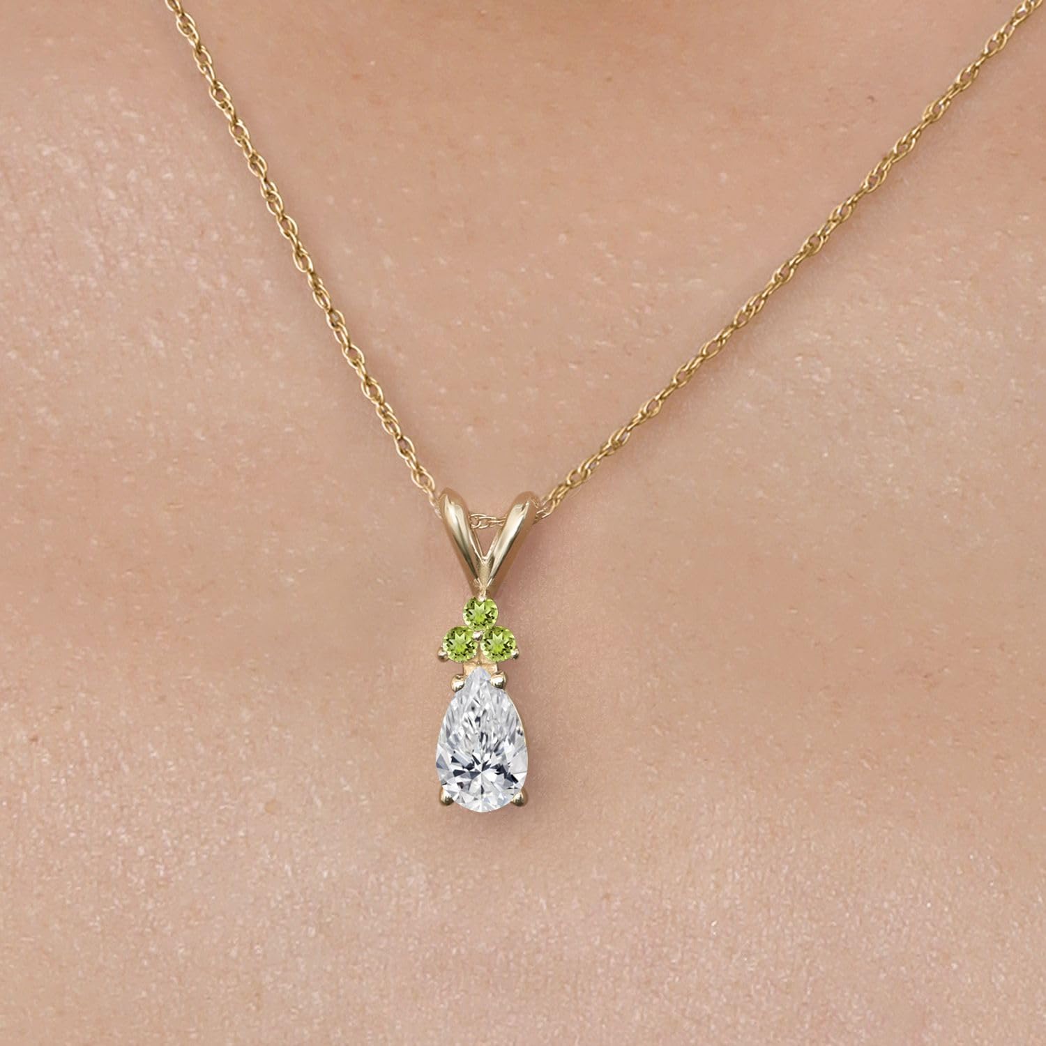 Gem Stone King 14K Yellow Gold DEF Lab Grown Diamond and Green Peridot Pendant Necklace for Women | 0.61 Cttw | Gemstone April Birthstone | Pear Shape 7X5MM | With 18 Inch Chain - Image 3