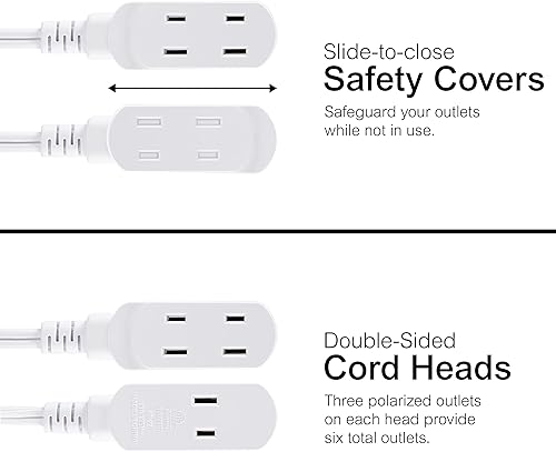 Miniatura 6 de Cable de extensión de 6 pies, 3, enchufe plano, 2 puntas, calibre 16, cubierta de salida de seguridad, clasificación interior, perfecto para