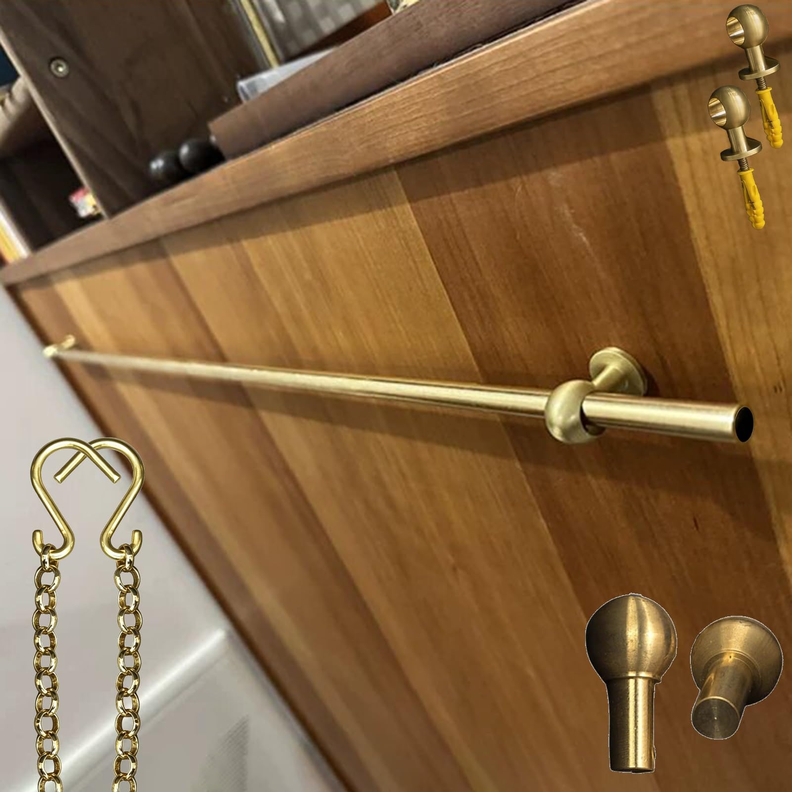Oracra Wall-mounted Gold Picture Hanging Rod with Chains, 24 37 39 47 51 55 59 63 78 86 in Brass Pole Gallery Picture Frames Rail, Artwork Molding Hangers(110cm/43.3in/3.6ft)