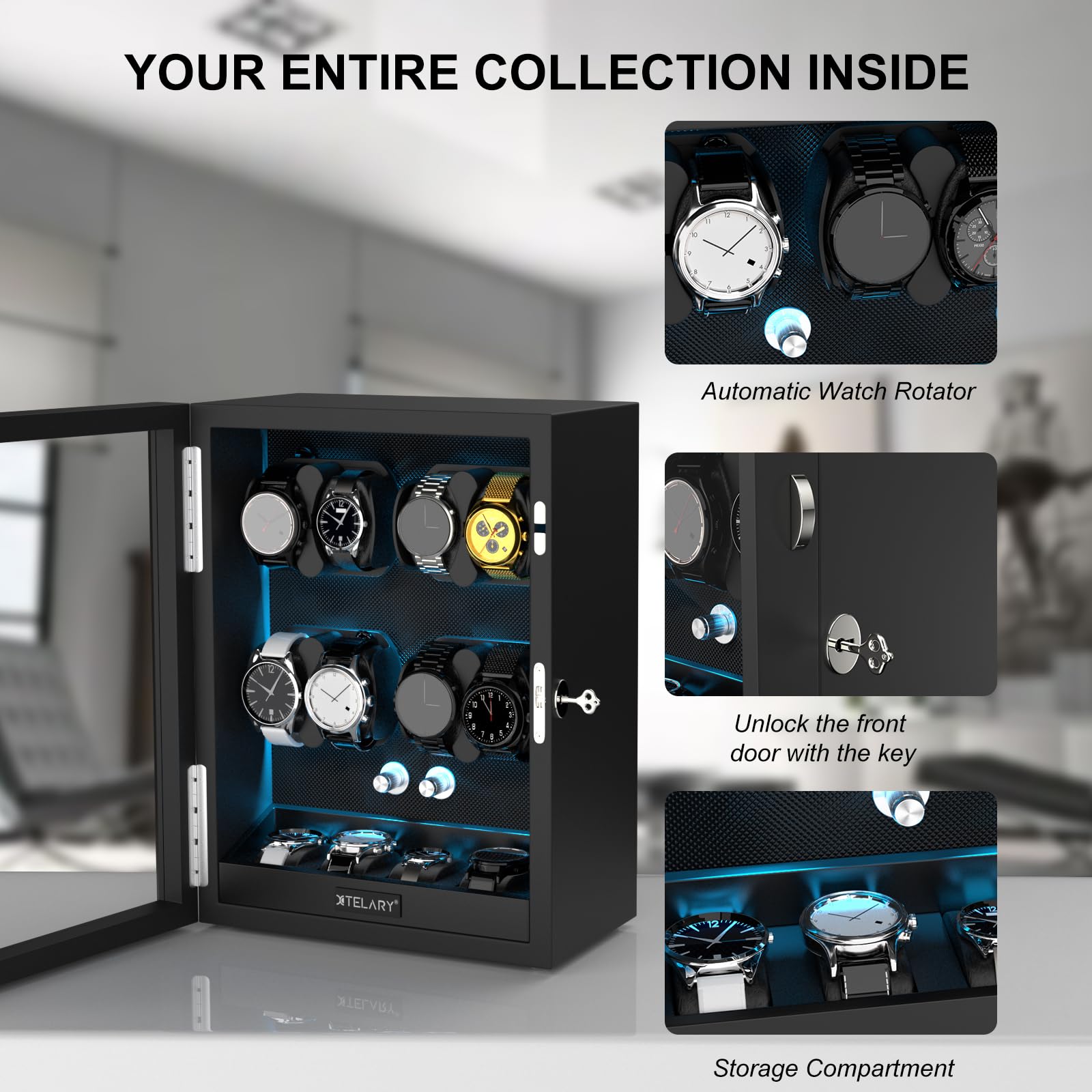 XTELARY Watch Winder for 8 Automatic Watches, Lockable Automatic Winders with Extra 4 Watch Storages, 4 Rotation Modes, Flexible Watch Pillows, Quiet Mabuchi Motor, and Blue Backlight