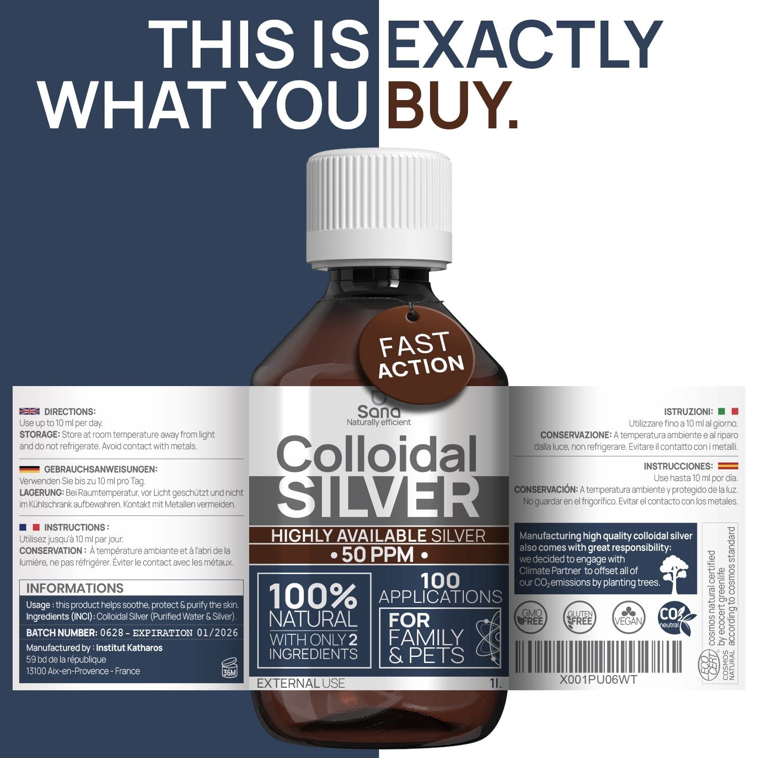 Argento Colloidale Puro 50 PPM 1000 ML | Per la famiglia & gli Animali (Cani, Gatti) | 100% Naturale : Certificato Cosmos Natural | Carbon Neutral