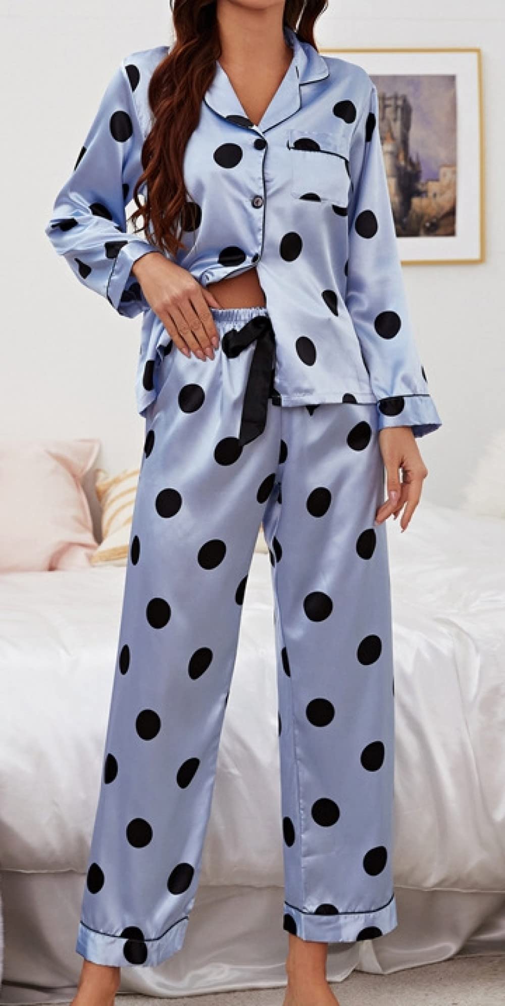 Pijamas para Mujer Conjunto De Pijama De Poliéster con Solapa Y Estampado De Lunares Azules Conjunto De Pijama De Manga Larga Cómodo para Mujer Conjunto De Dos Piezas Regalo De Festival para Herma