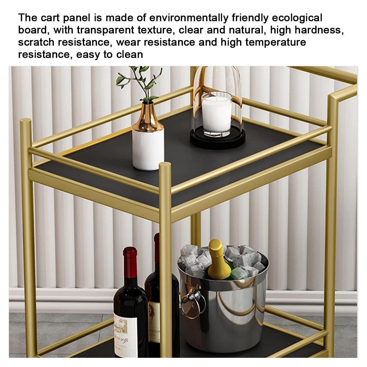 Carrello da tè ecologico in legno con ruote universali, perfetto per servire birra e vino Drin Craft in hotel, scaffali Ele Black & d per cene sofisticate