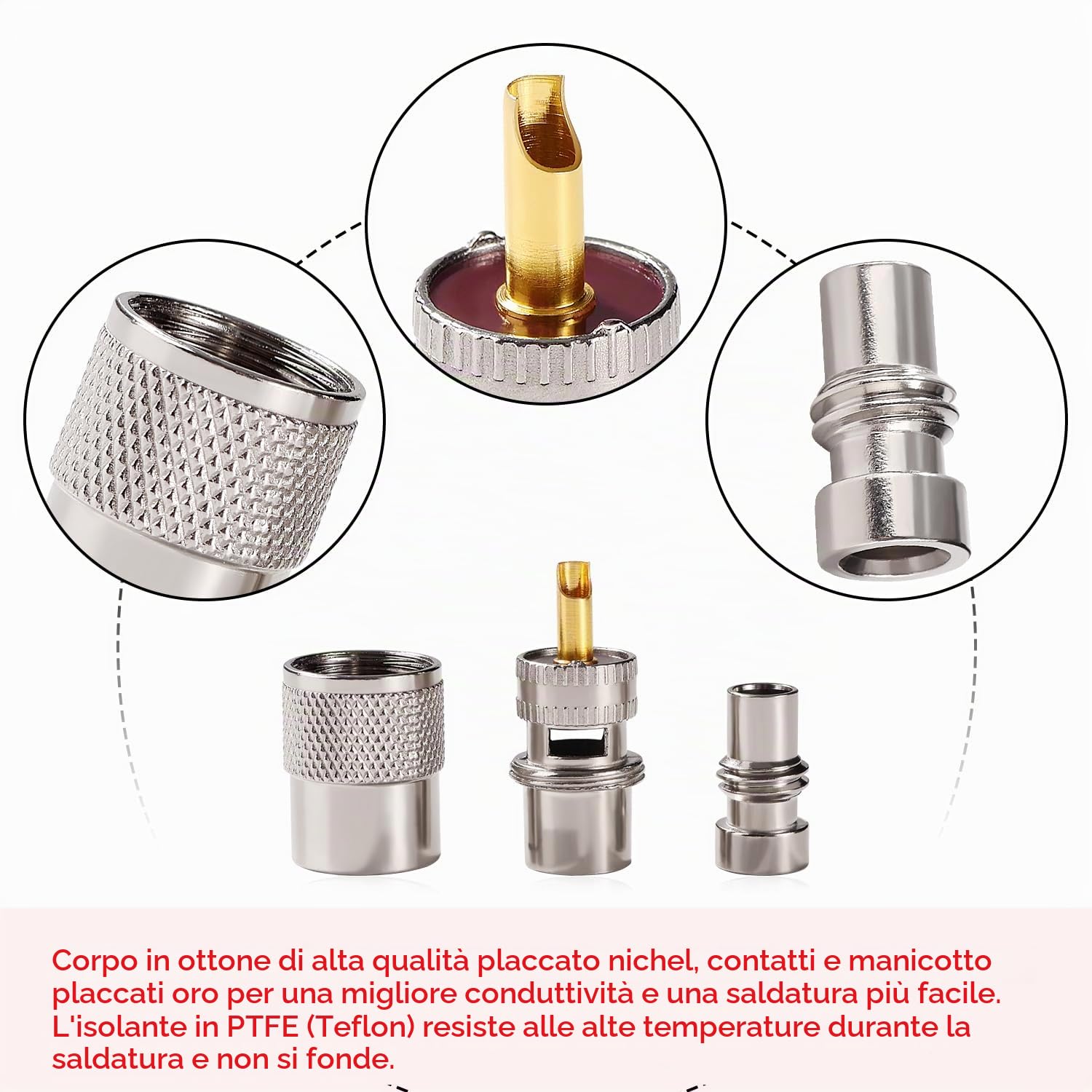 Topcloud 10 Connettori UHF PL-259 Maschio A Saldare Per Cavo RG8X – Con Riduttori UG-176, Nichelati, In Ottone - 2