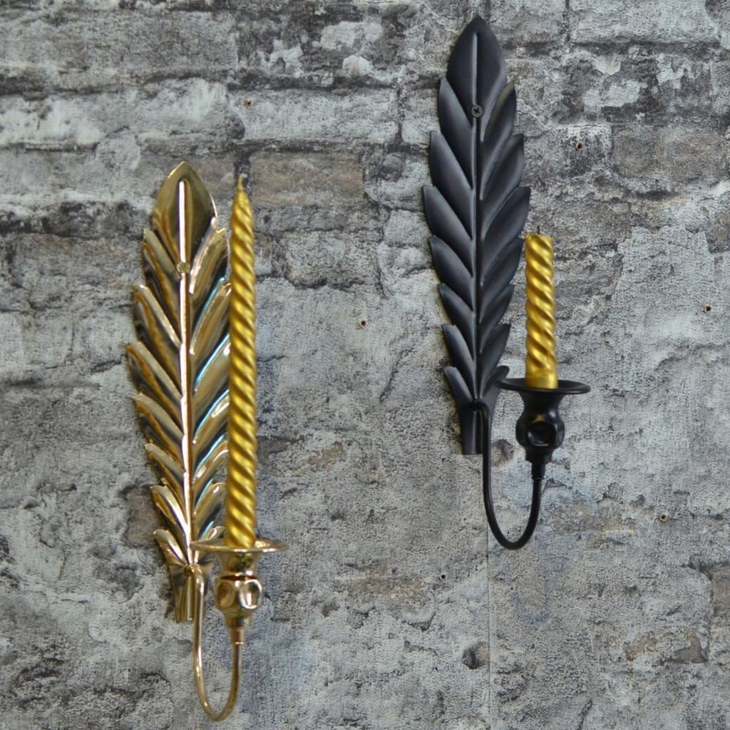 2PCS Elegant Black Metal Wall Candle Sconces, Leaf Shape Decorative Candlestick