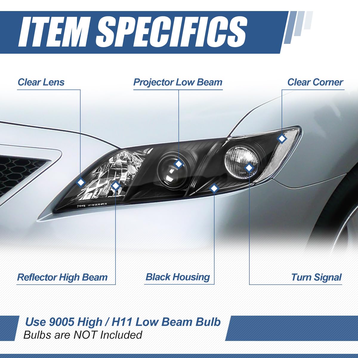 Auto Dynasty Headlights Assembly Compatible with 2007 2008 2009 Toyota Camry (Non Hybrid), Projector Headlamps Replacement, Driver and Passenger Side, Black Housing Clear Corner