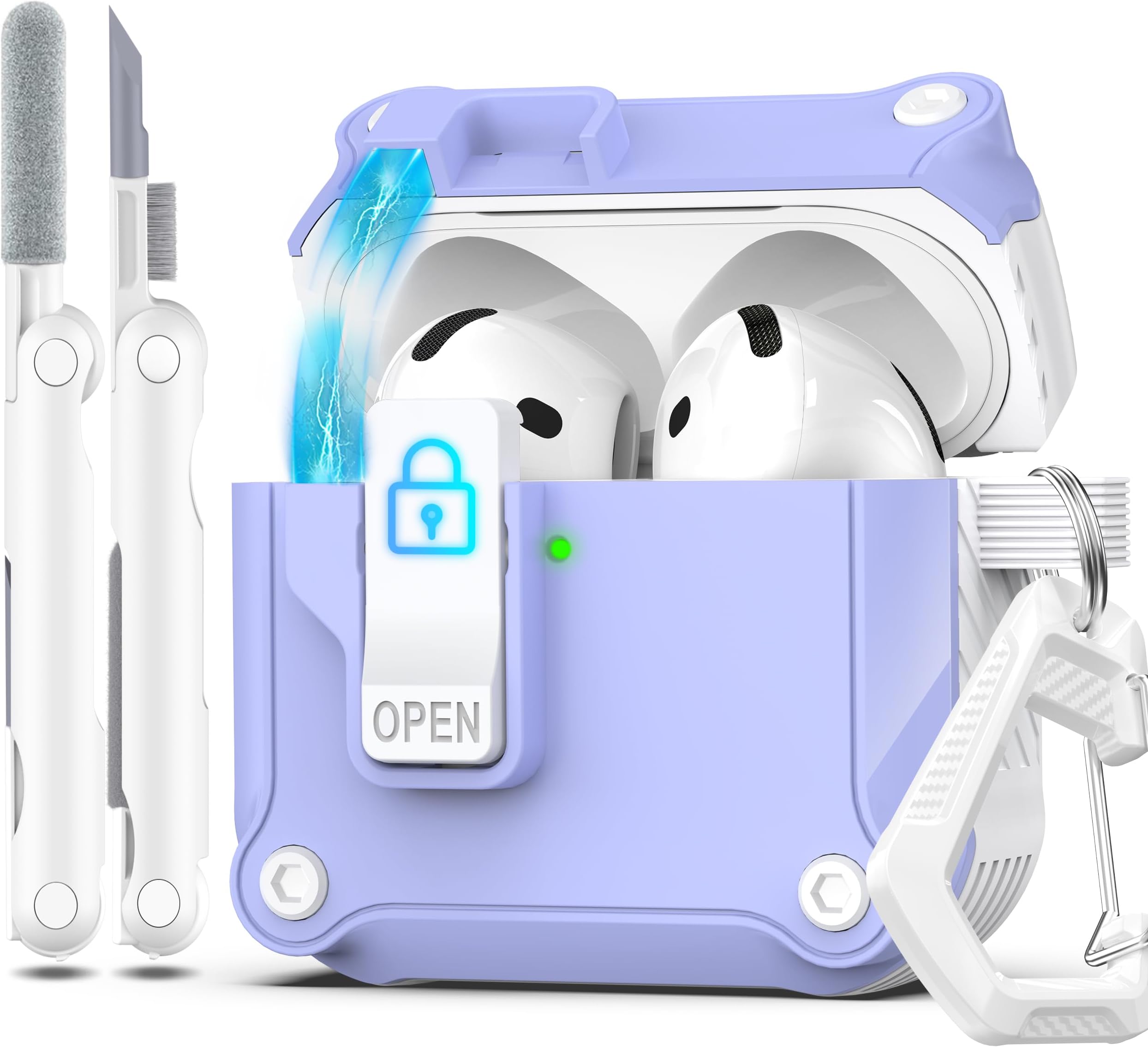 - R-fun Compatible with AirPods 4th Gen Case, Full Drop Protection Auto Pop-Up Lid and Lock Design with Cleaner Kit and Keychain for AirPods 4 2024-White/Lavander