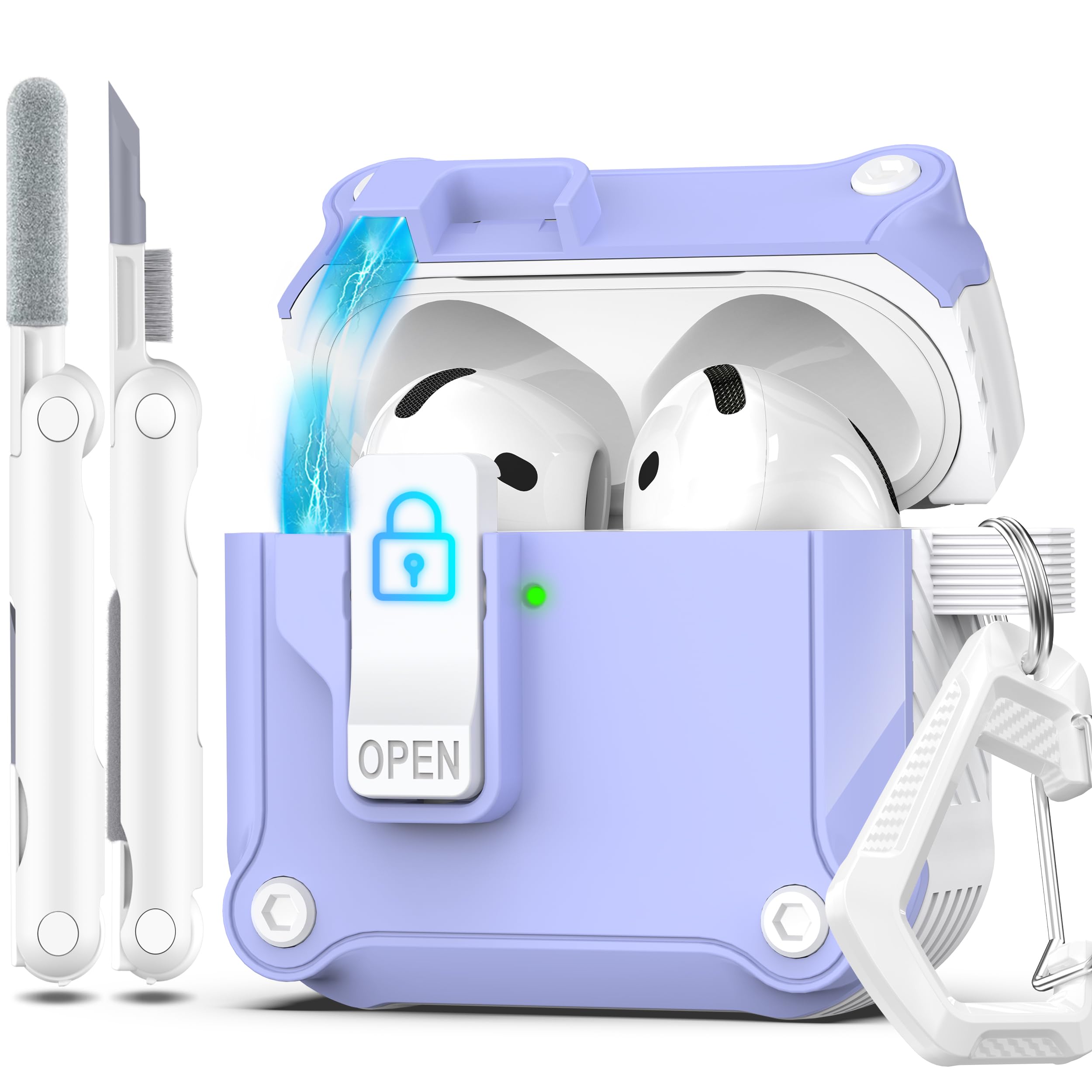 R-fun Compatible with AirPods 4th Gen Case, Full Drop Protection Auto Pop-Up Lid and Lock Design with Cleaner Kit and Keychain for AirPods 4 2024-White/Lavander