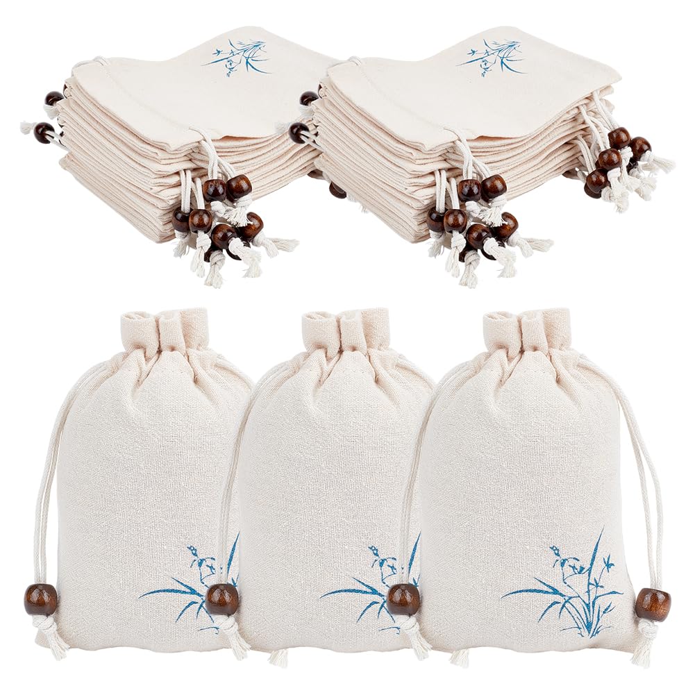 PH PandaHall 24pcs Linen Drawstring Pouches, 10x14cm Flower Printed Sachet Bags Small Fabric Gift Bags Empty Jewellery Pouches for Gifts Wedding Birthday Christmas Jewellery Candy Dried Flower, Beige