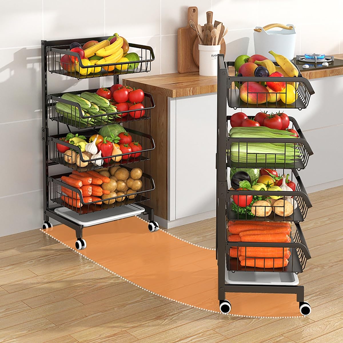 Carrello portafrutta con Ruote, Organizer a 4 Ripiani in Rete Metallica con Ruote, scaffale Multiuso Regolabile per Cucina o dispensa, per esporre Frutta e Verdura.