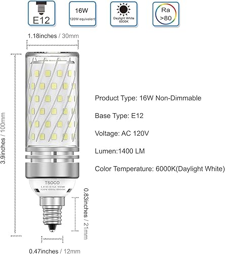 Vista 16 de TSOCO - Bombillas LED E12, bombillas LED de 12 W, equivalente a 100 W, luz blanca cálida de 3000 K, 1200 lúmenes, no regulables, paquete de 3