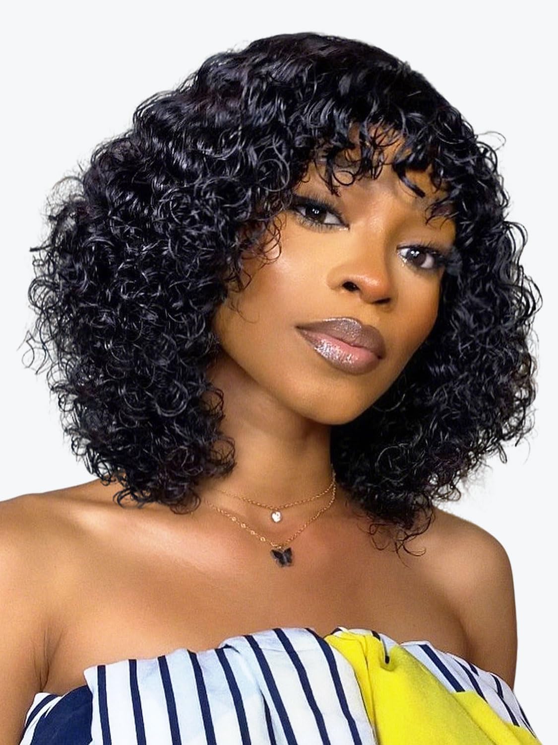 Beluck Glueless Human Hair Wig With Bangs,Short Water Wave Curly Bob Wig Human Hair Wig 180% Density for Women Ready To Wear (10 Inch Black)