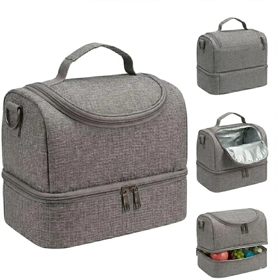 Bolsa Térmica 7L 2 Compartimentos Impermeável Anti-Vazamento – Lancheira Marmita Térmica, Alça Ajustável para Trabalho Faculdade Academia Fitness Escola Marmiteira Portátil (Cinza)
