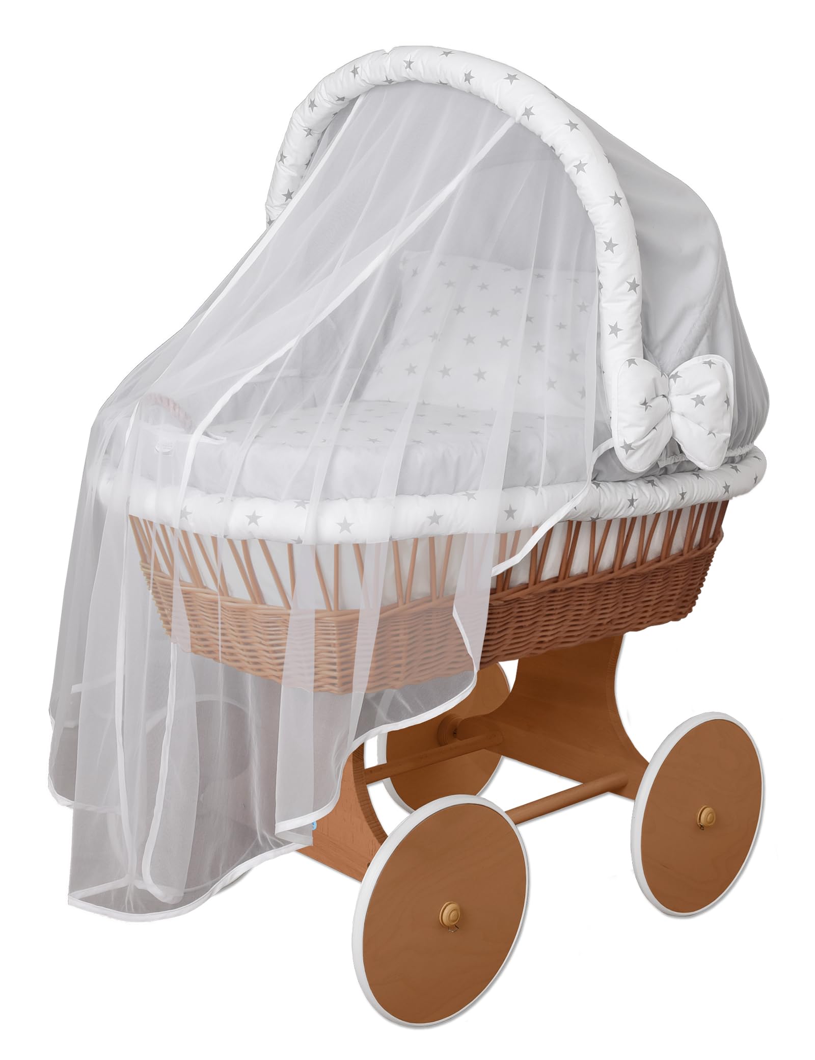 waldin Stubenwagen-Set mit Ausstattung,XXL,Bollerwagen,komplett,25 Modelle wählbar,Gestell/Räder lackiert,Stoffe grau/Sterne