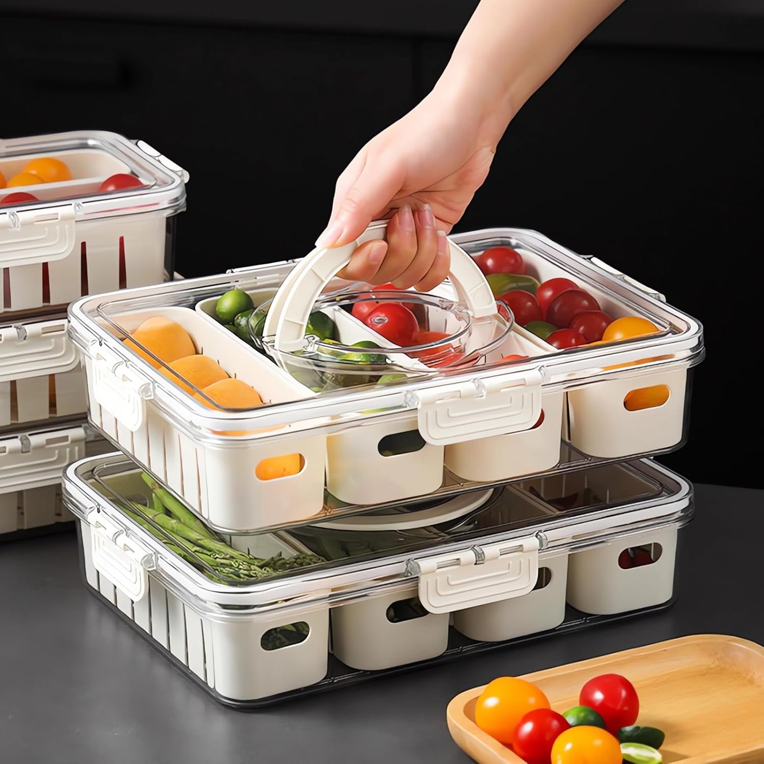 Fruit Storage Containers for Fridge Keep Fresh - Divided Serving Tray with Lid and Handle - Portable Picnic Parties Snackle Box Veggie Tray - Berry Candy Food Snack Organizer Travel (1PC-M)