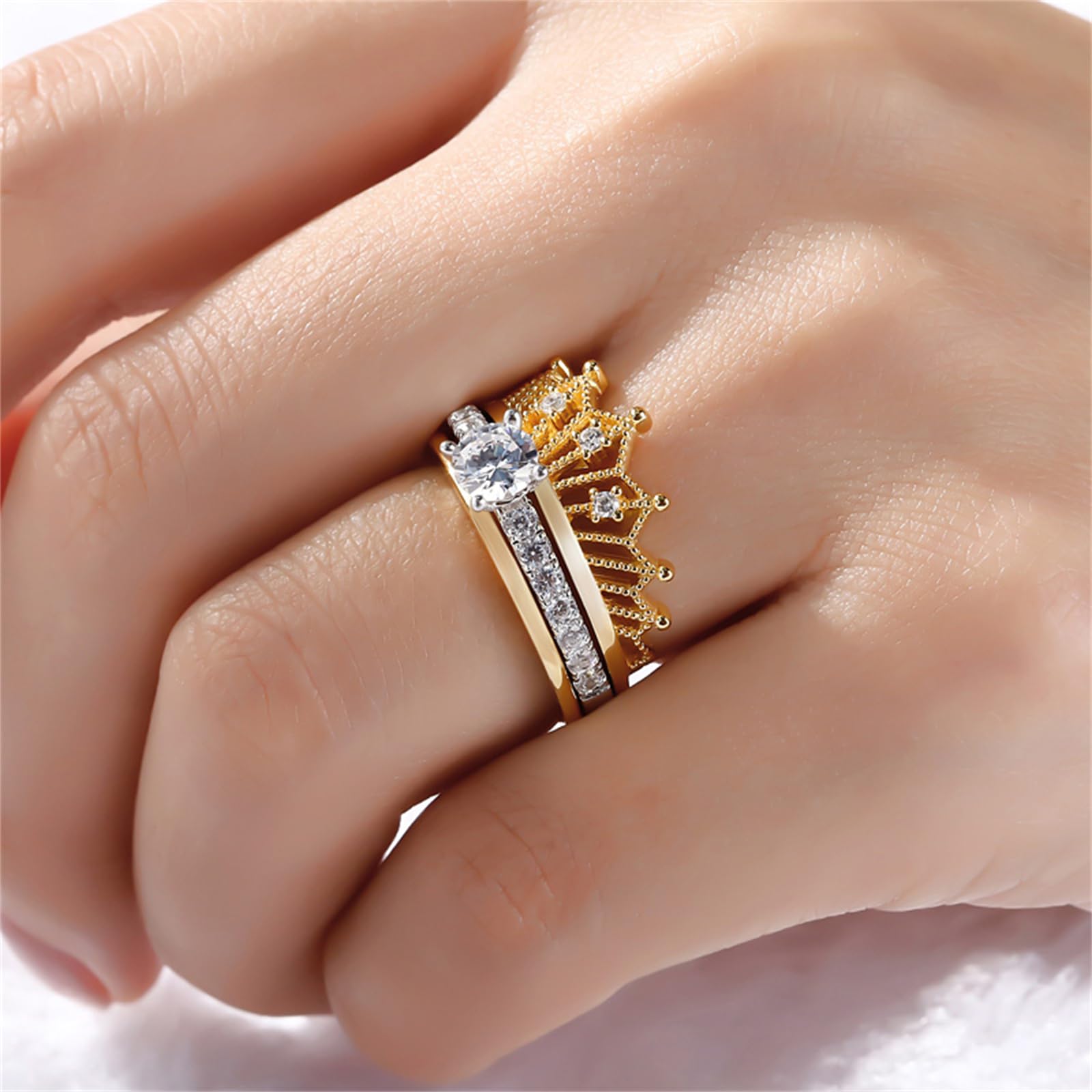 2 Stück Krone Damen Ringe Set Vergoldet Sterling Silber Verlobungsring Rundschliff Zirkonia Diamant Solitärring Antragsring Mit Geschenkverpackung Geschenke für Party Jubiläum Geburtstag