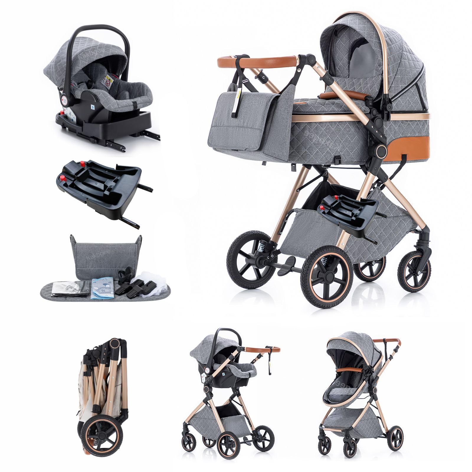 Passeggino 3 in 1 con Seggiolino Auto, Carrozzina Piegevole, 7-Altezza Regolabile, Sospensione 4 Ruote, Copripioggia e Zanzariera, Baby Stroller per Neonati 0-3 Anni (15kg), Grigio chiaro