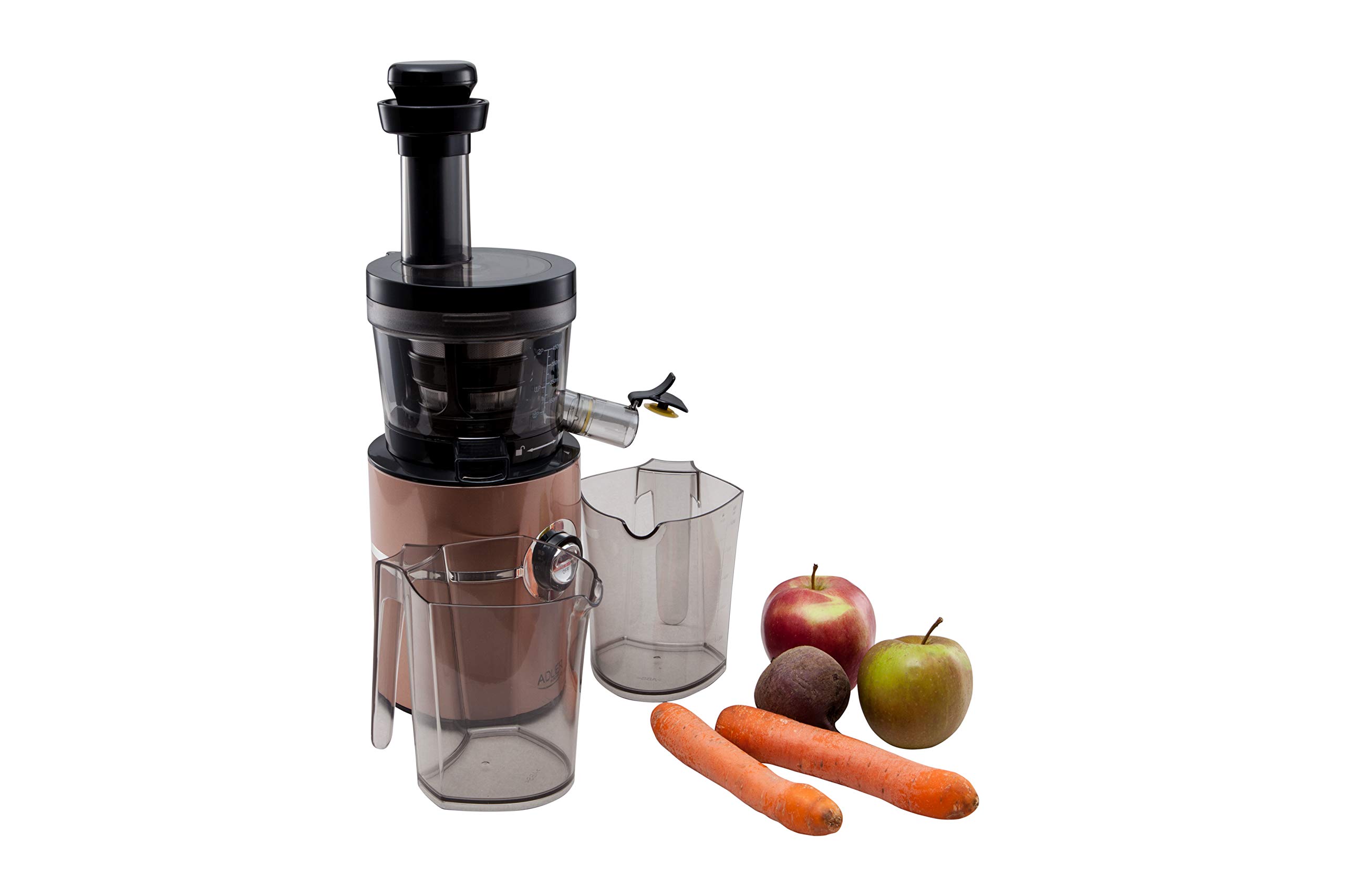 Adler AD4119 Licuadora prensado en frío para Verduras y Frutas, Baja Velocidad 70 RPM, Slow Juicer, 2 Recipiente de Jugo y Pulpa, función inversa, 200W